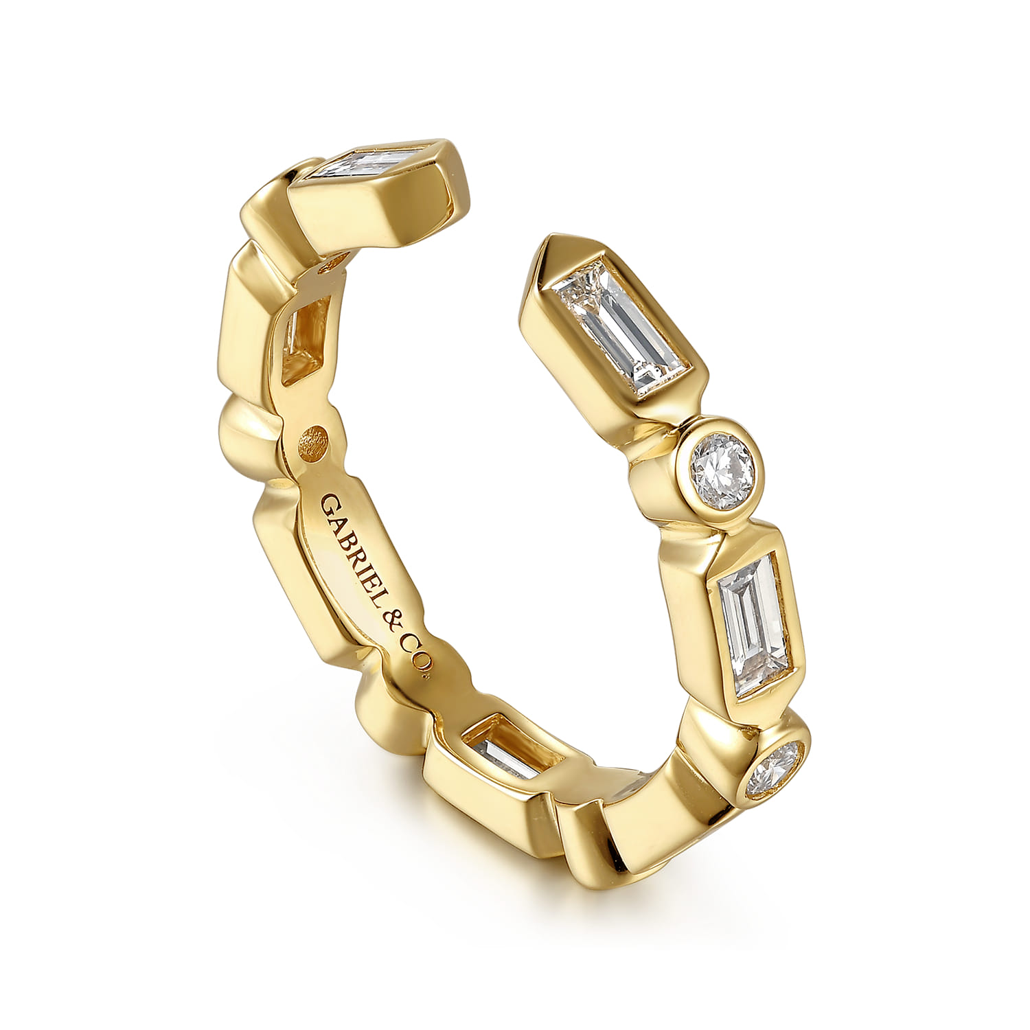 Bezel Setting Baguette and Diamond Open Eternity Band in 14K Yellow Gold, photograph 3