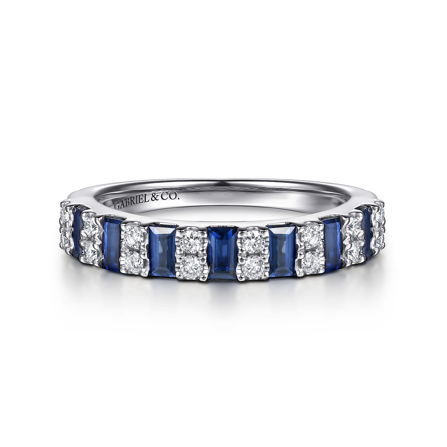 Channel Set Baguette Sapphire and Micro Tiger Claw Setting Round Diamond Anniversary Band