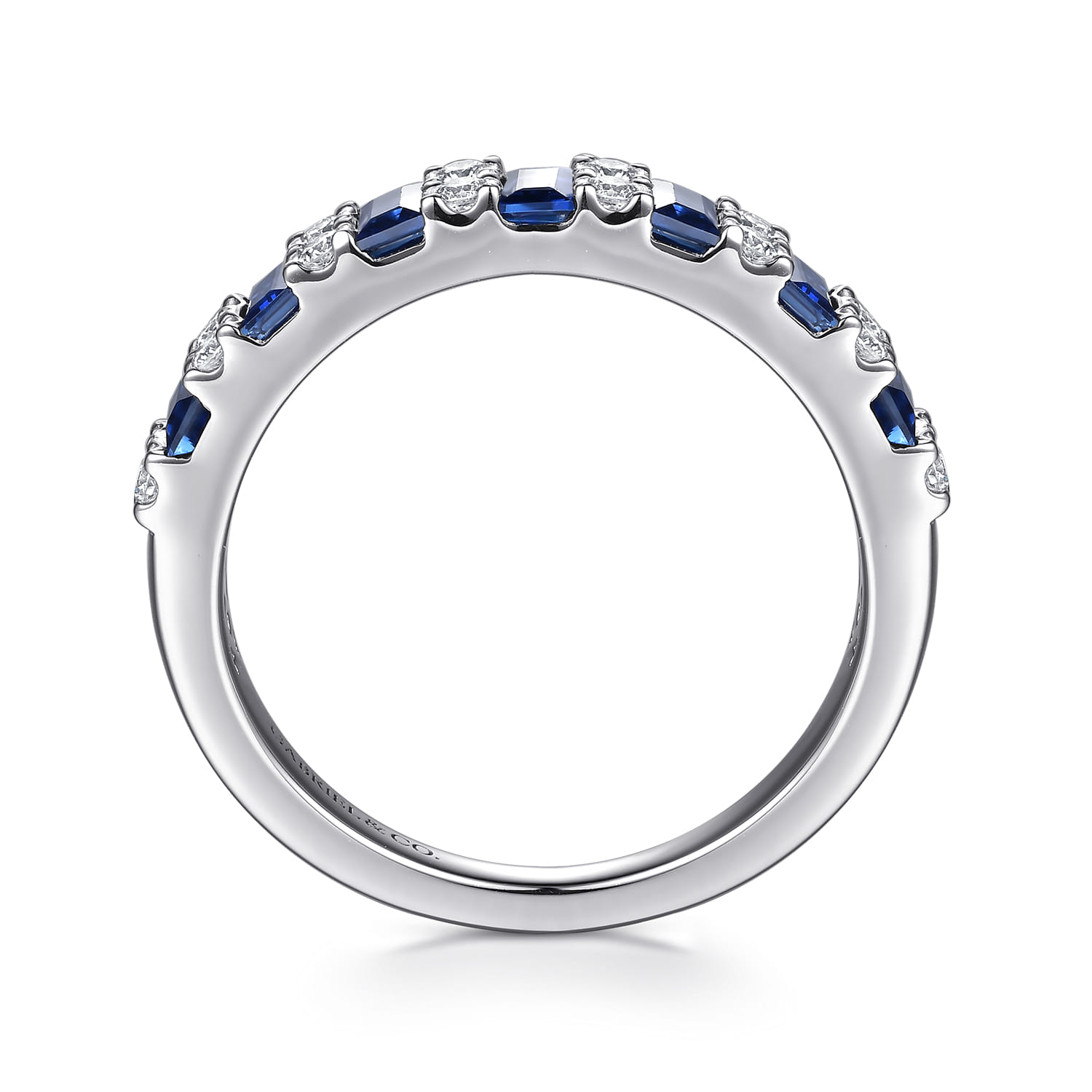 Channel Set Baguette Sapphire and Micro Tiger Claw Setting Round Diamond Anniversary Band in 14K White Gold, photograph 2