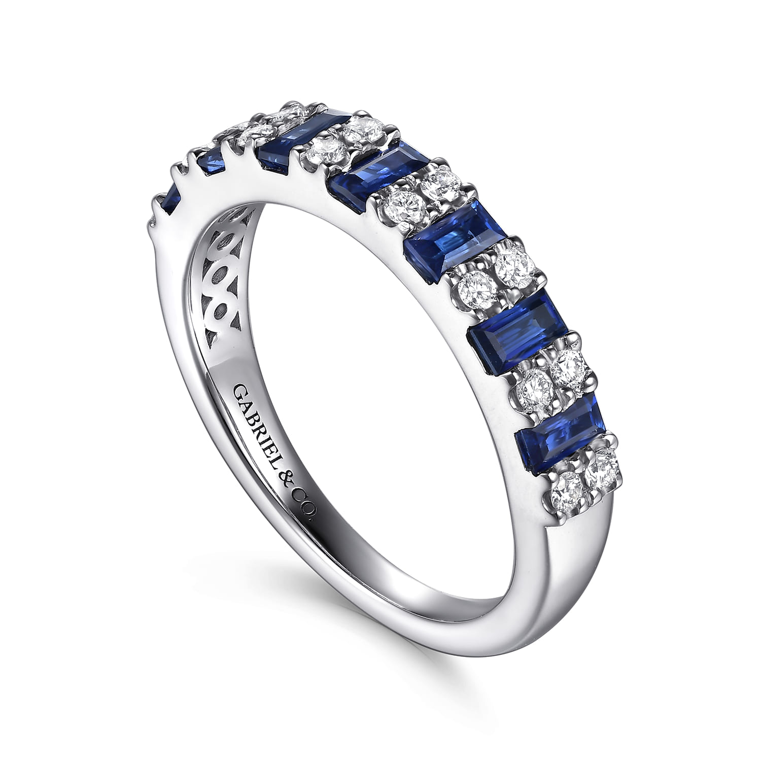 Channel Set Baguette Sapphire and Micro Tiger Claw Setting Round Diamond Anniversary Band in 14K White Gold, photograph 3