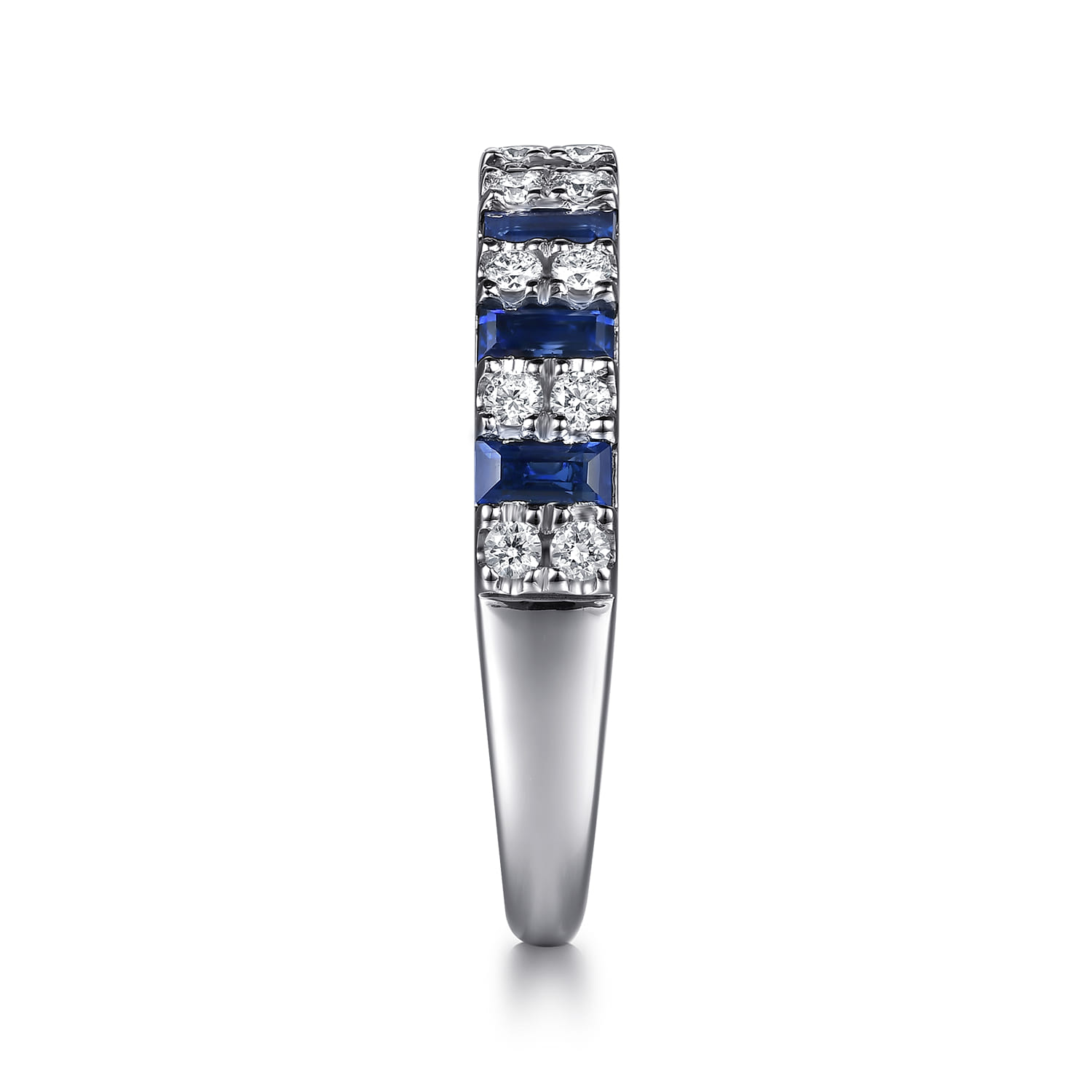 Channel Set Baguette Sapphire and Micro Tiger Claw Setting Round Diamond Anniversary Band in 14K White Gold, photograph 4