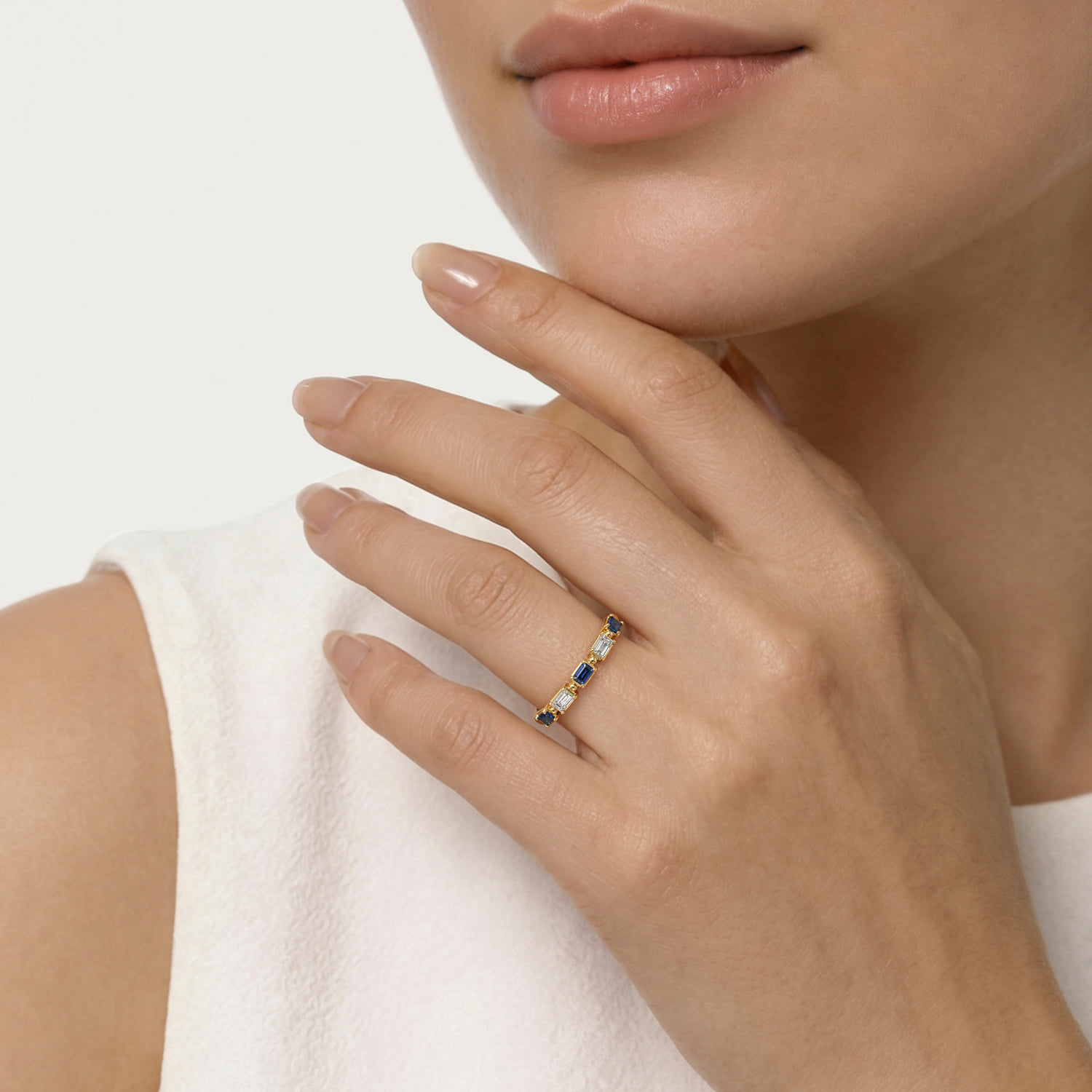Prong Setting Baguette Diamond and Sapphire Anniversary Band in 14K Yellow Gold, photograph 5