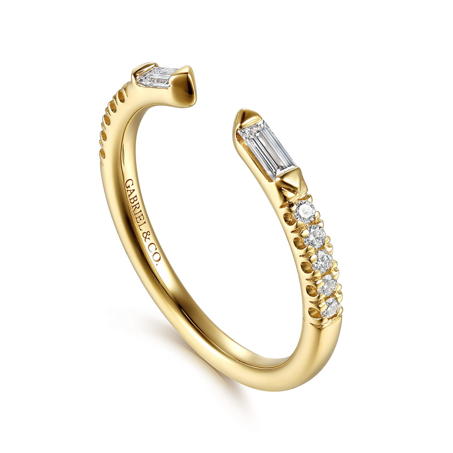 French Pave and Channel Set Baguette Diamond Open Anniversary Band in 14K Yellow Gold, photograph 3