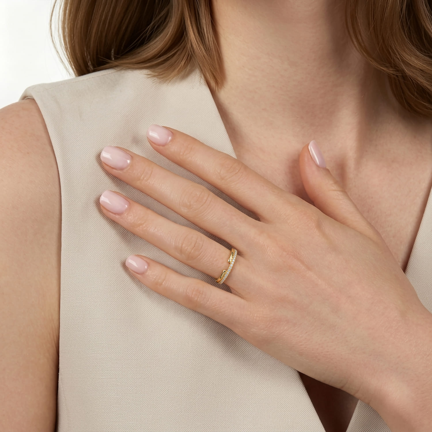 French Pave Diamond Open Anniversary Band in 14K Yellow Gold, photograph 5