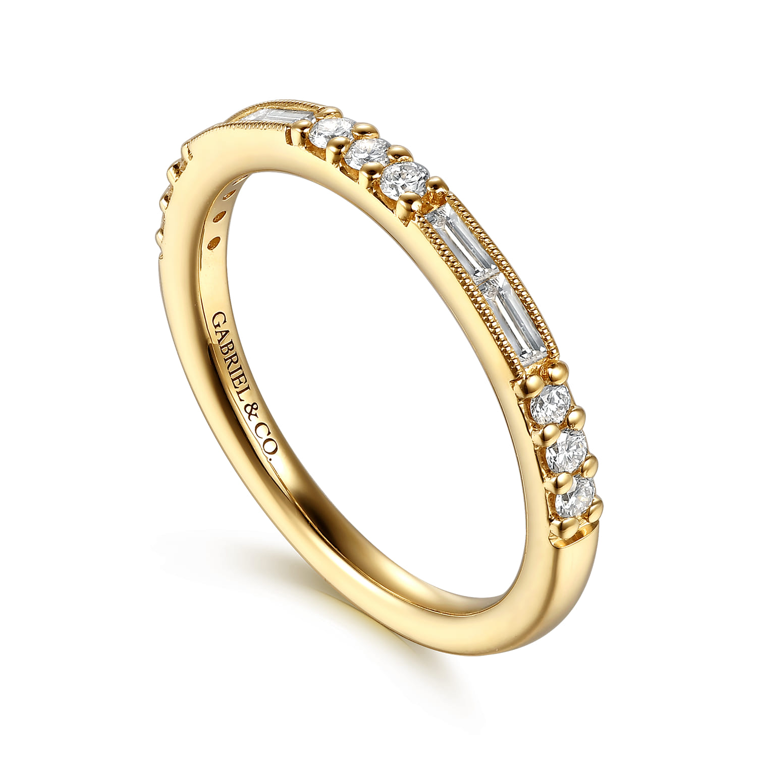 Vintage Inspired Beads Setting and Channel Set Baguette Diamond Anniversary Band in 14K Yellow Gold, photograph 3