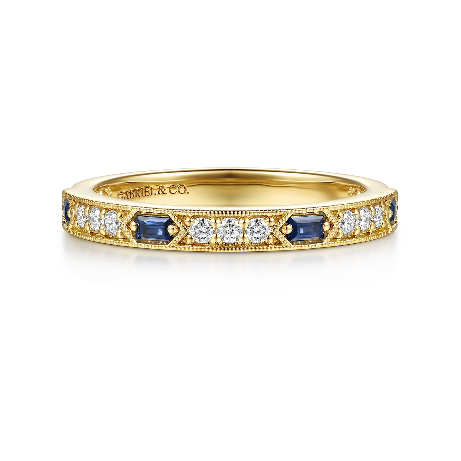 Vintage Inspired Beads Setting Baguette Sapphire and Micro Pave Round Diamond Anniversary Band