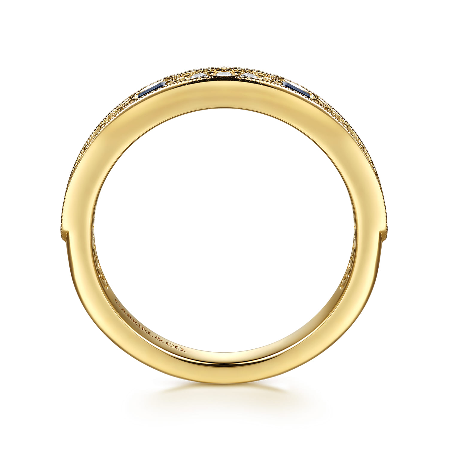 Vintage Inspired Beads Setting Baguette Sapphire and Micro Pave Round Diamond Anniversary Band in 14K Yellow Gold, photograph 2