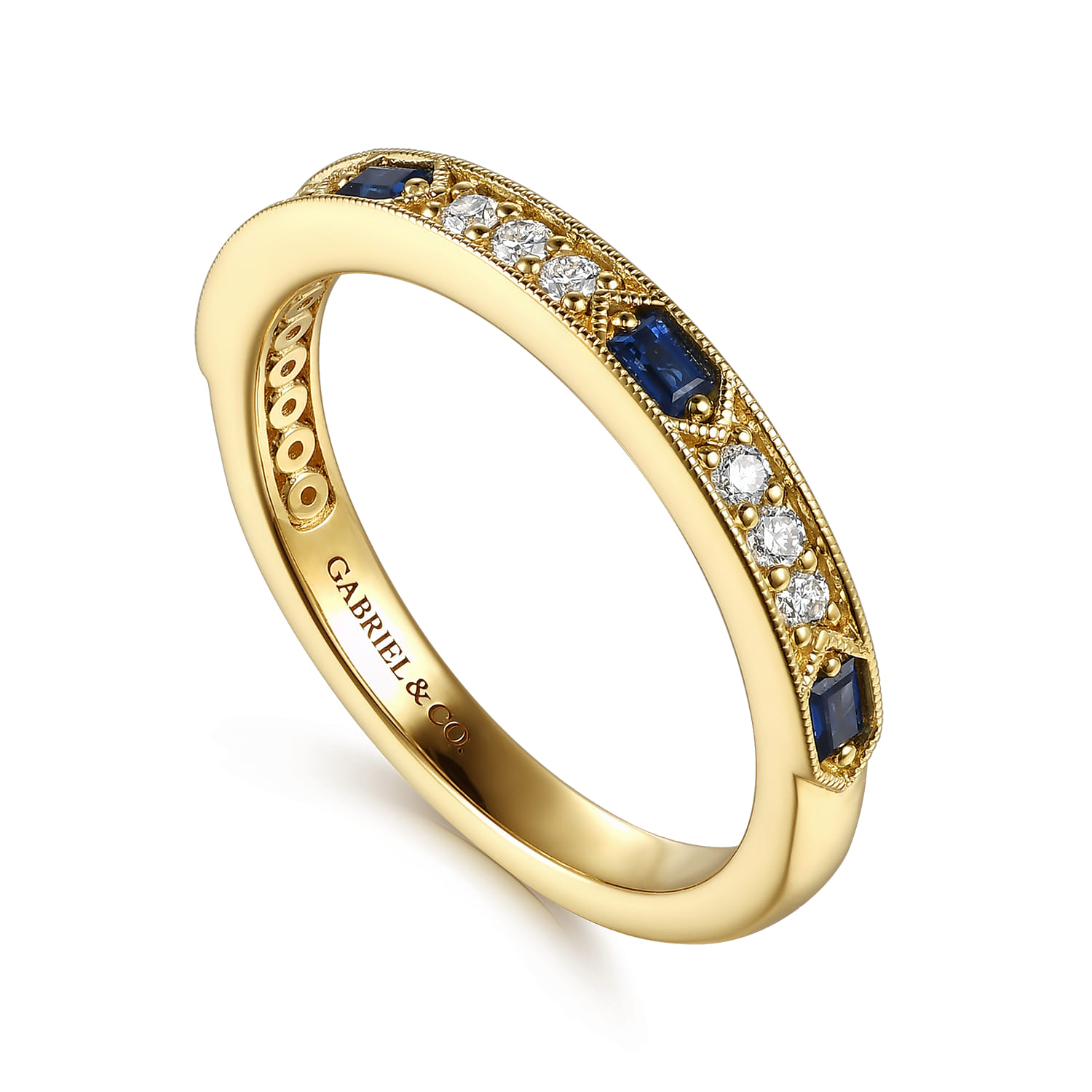 Vintage Inspired Beads Setting Baguette Sapphire and Micro Pave Round Diamond Anniversary Band in 14K Yellow Gold, photograph 3