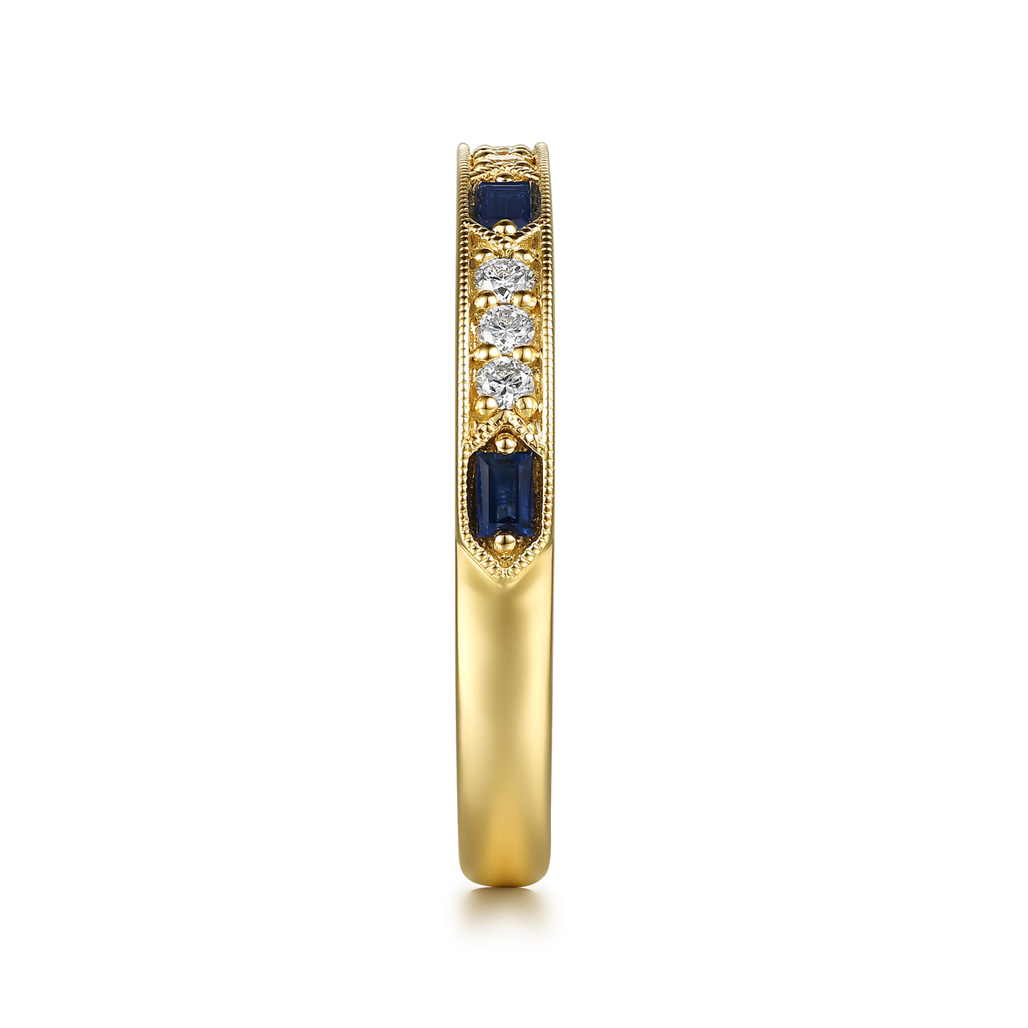 Vintage Inspired Beads Setting Baguette Sapphire and Micro Pave Round Diamond Anniversary Band in 14K Yellow Gold, photograph 4