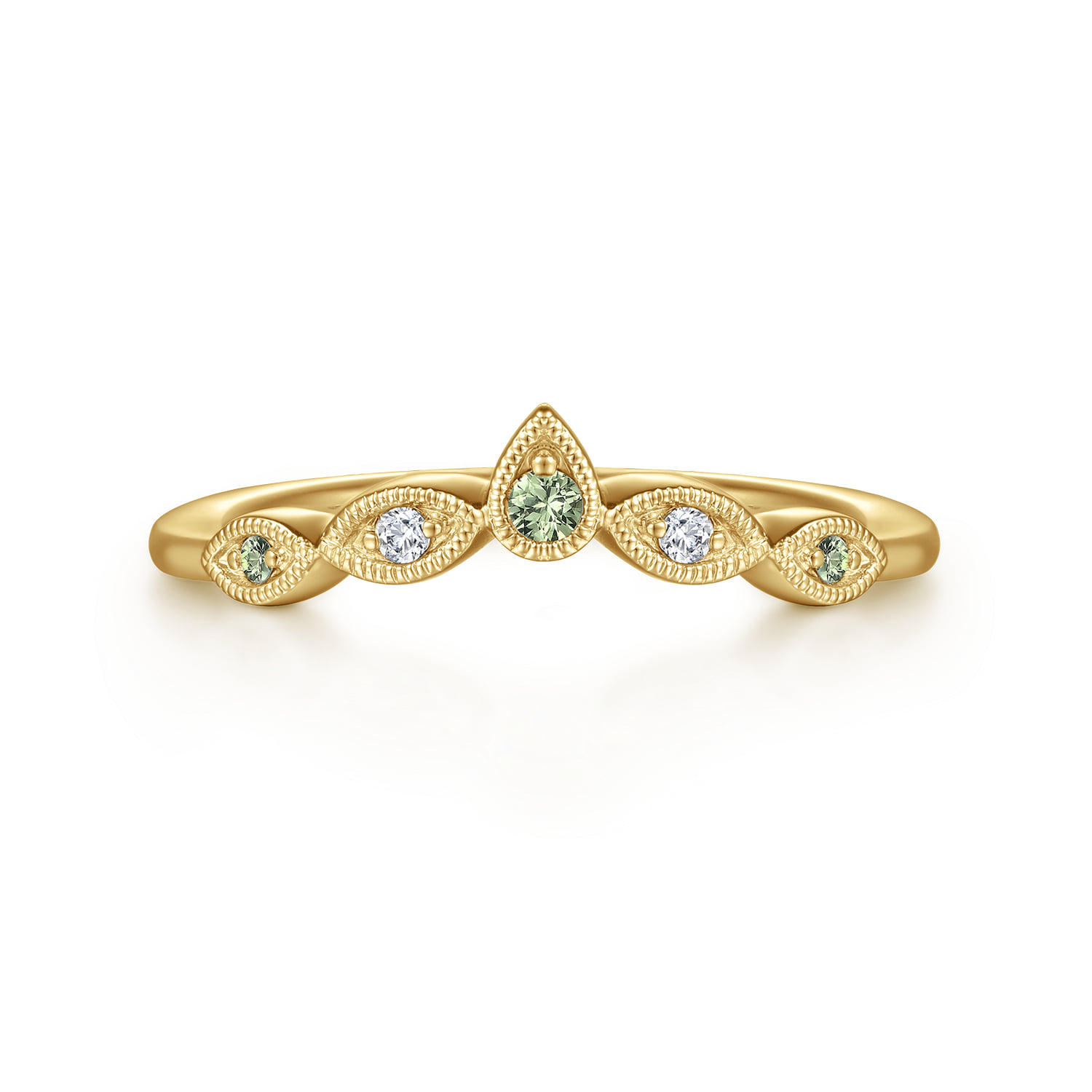 Vintage Inspired Curved Green Sapphire and Diamond Anniversary Band
