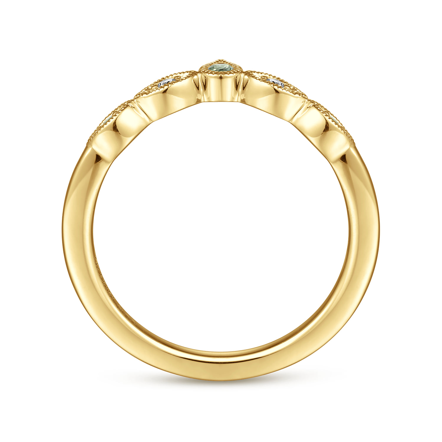Vintage Inspired Curved Green Sapphire and Diamond Anniversary Band in 14K Yellow Gold, photograph 2