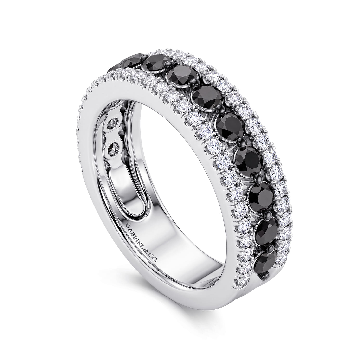 Single Prong Black Diamond and French Pave Diamond Anniversary Band in 14K White Gold, photograph 3