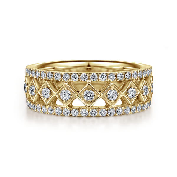 Wide 14K Yellow Gold Geometric Diamond Anniversary Band