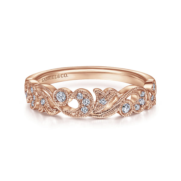 14K Rose Gold Floral Diamond Anniversary Band with Milgrain