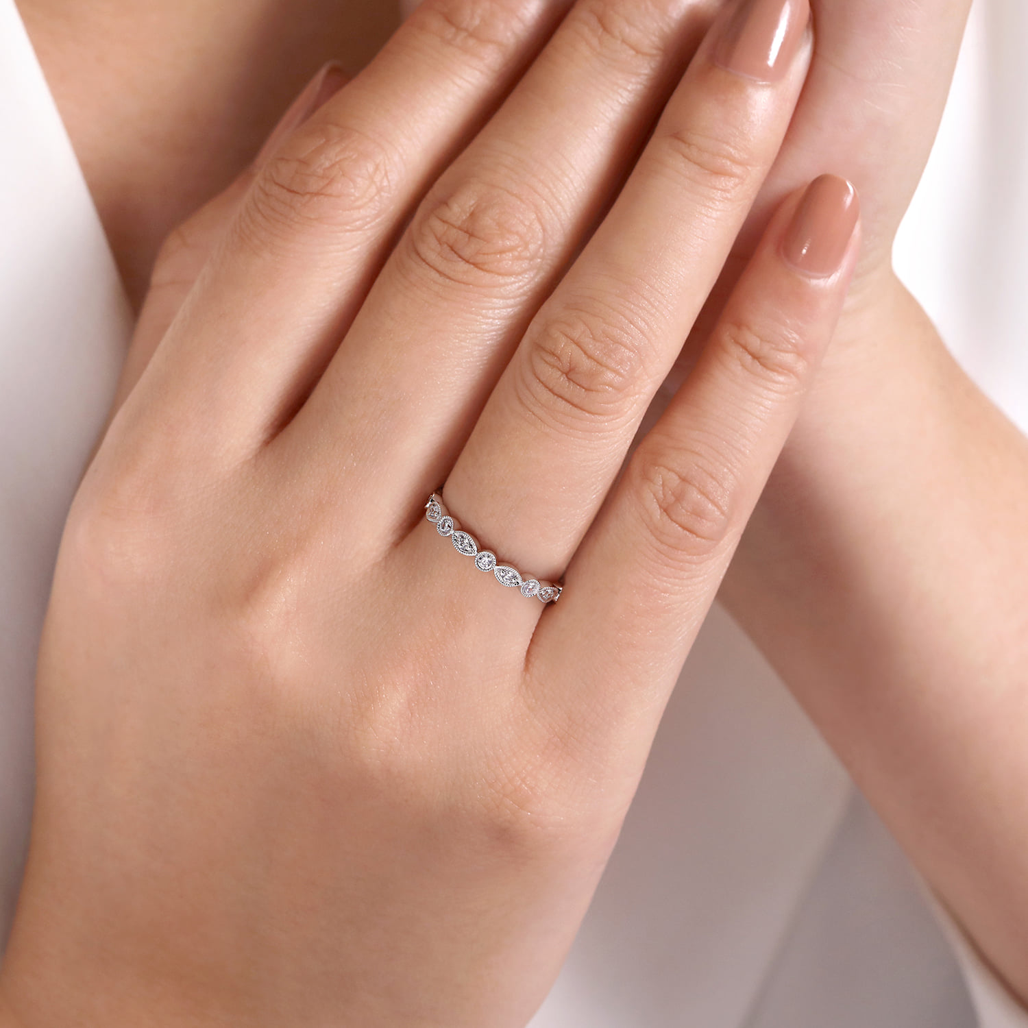 Vintage Inspired and Station Diamond Anniversary Band in 14K White Gold, photograph 5