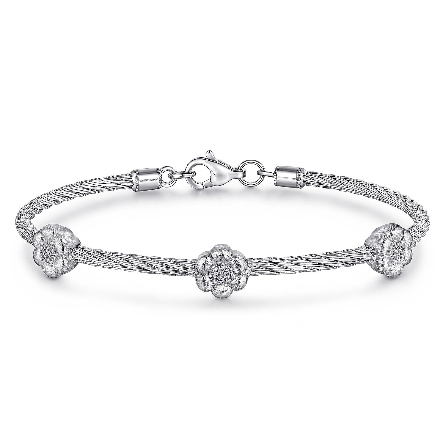 -Stainless Steel Twisted Cable Bangle with 3 Flower Cluster Diamond Stations