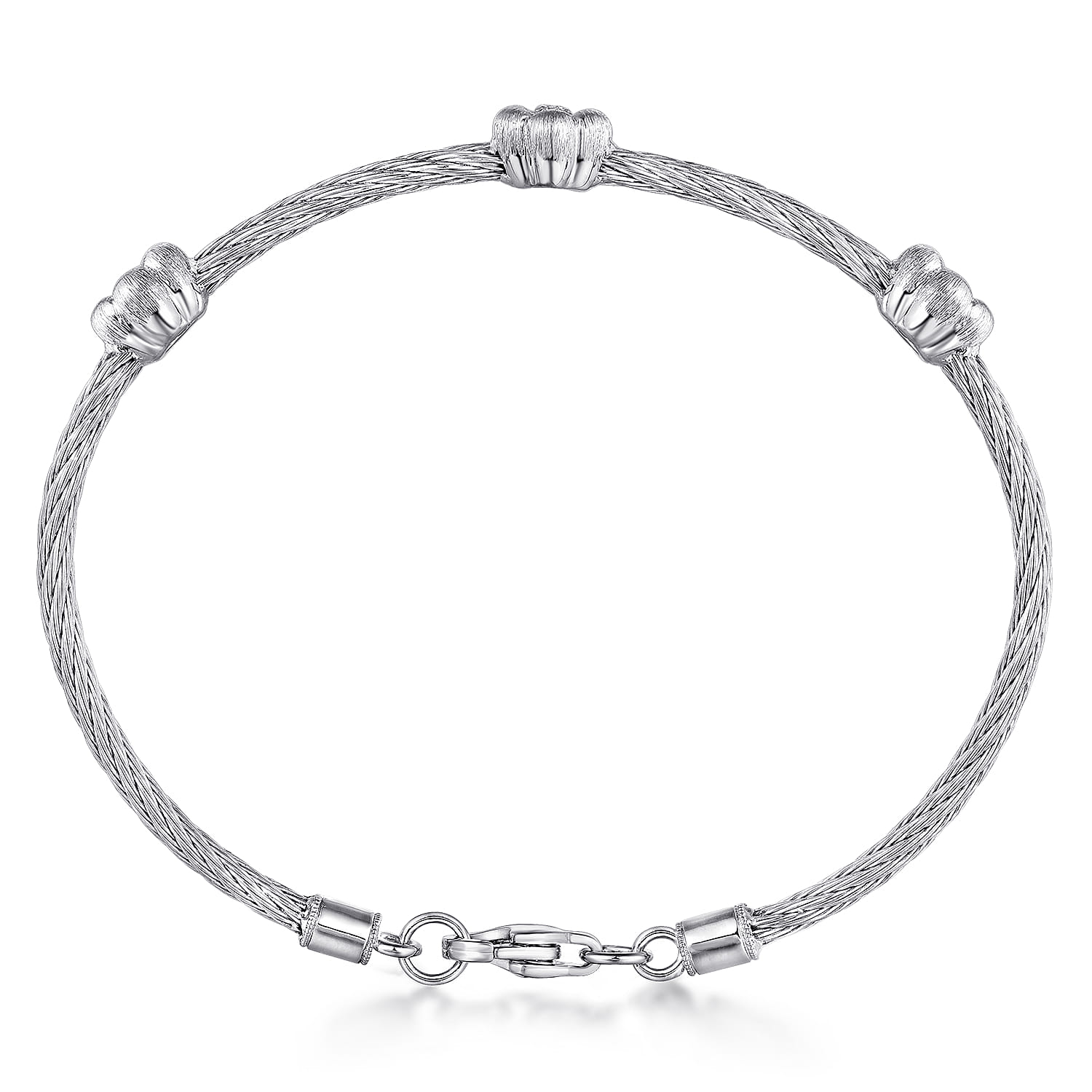 -Stainless Steel Twisted Cable Bangle with 3 Flower Cluster Diamond Stations in Sterling Silver, photograph 3
