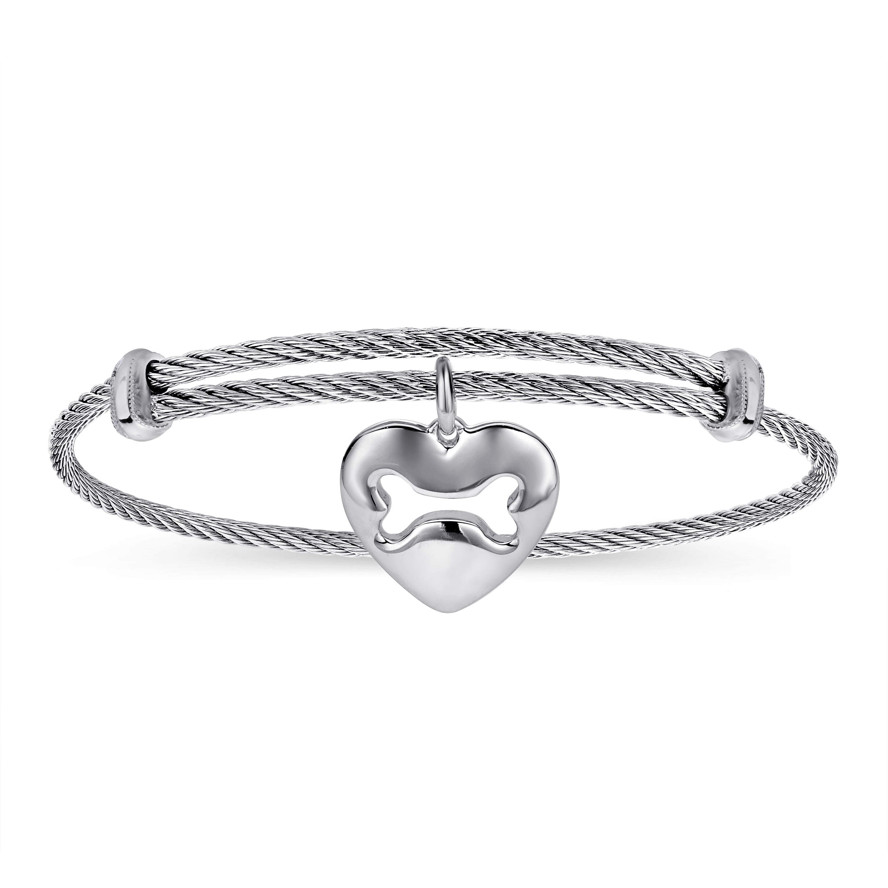 Adjustable Twisted Cable Stainless Steel Bangle with Doggy Bone Charm
