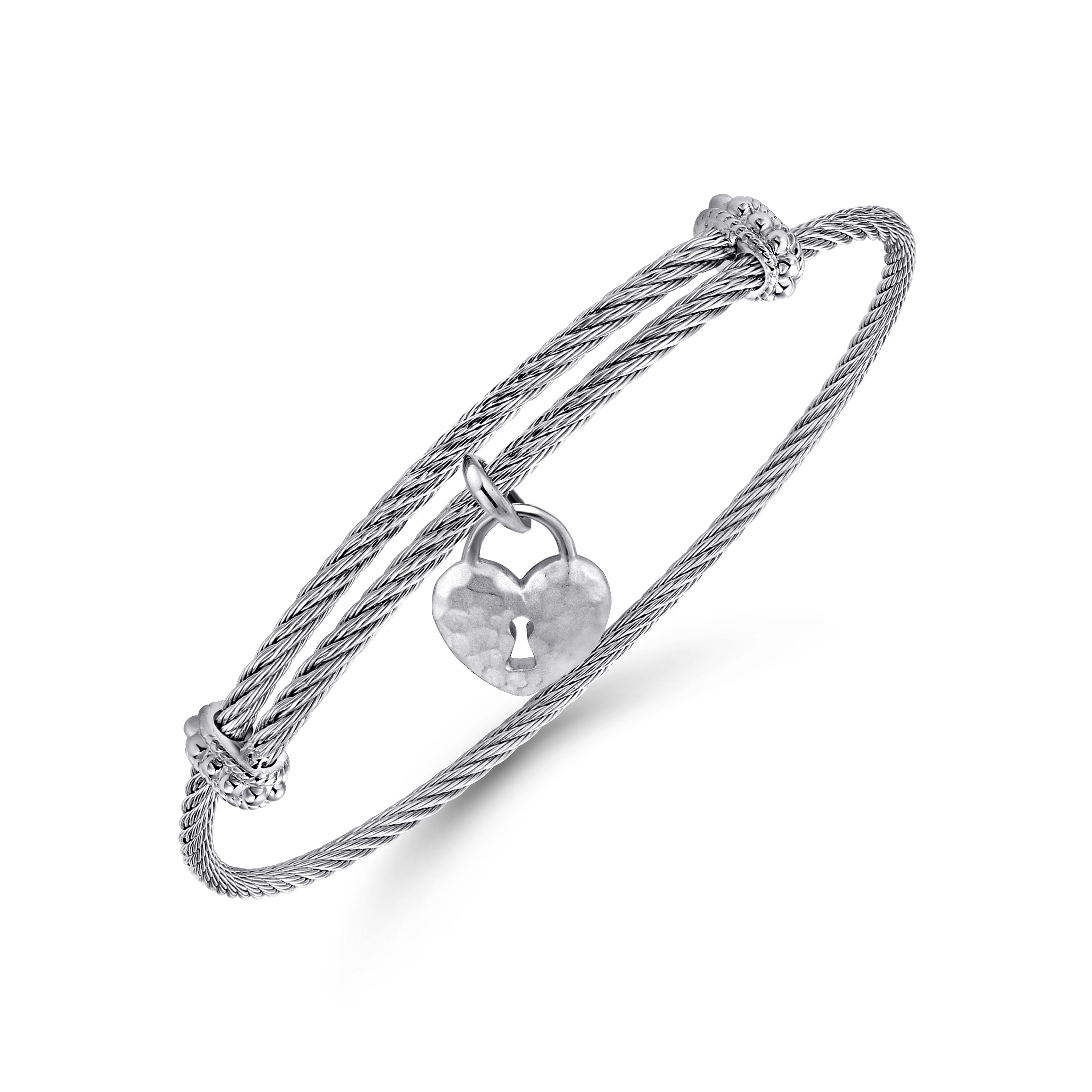 Adjustable Twisted Cable Stainless Steel Bangle with Lock Charm in Sterling Silver, photograph 2