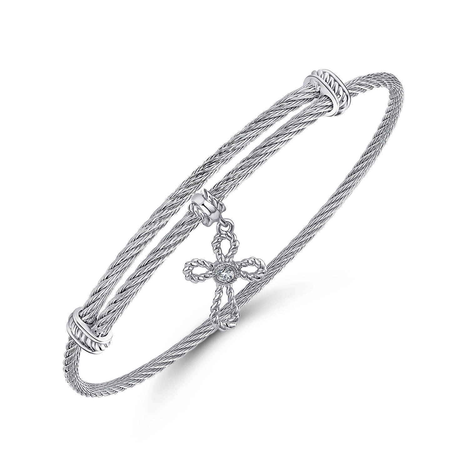 Adjustable Twisted Cable Stainless Steel Bangle with and White Sapphire Cross Charm in Sterling Silver, photograph 2