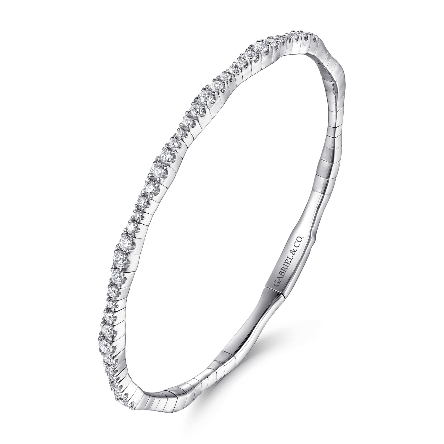 Diamond Station Closed Bangle Bracelet in 14K White Gold, photograph 2