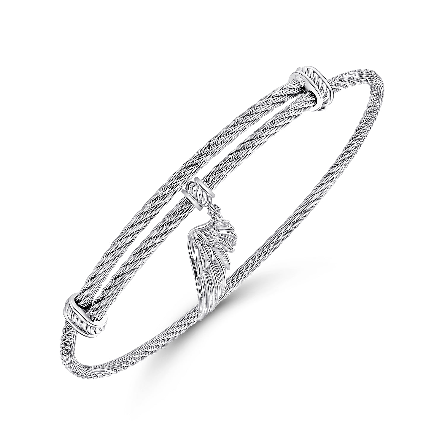 Adjustable Twisted Cable Stainless Steel Bangle with Angel Wing Charm in Sterling Silver, photograph 2