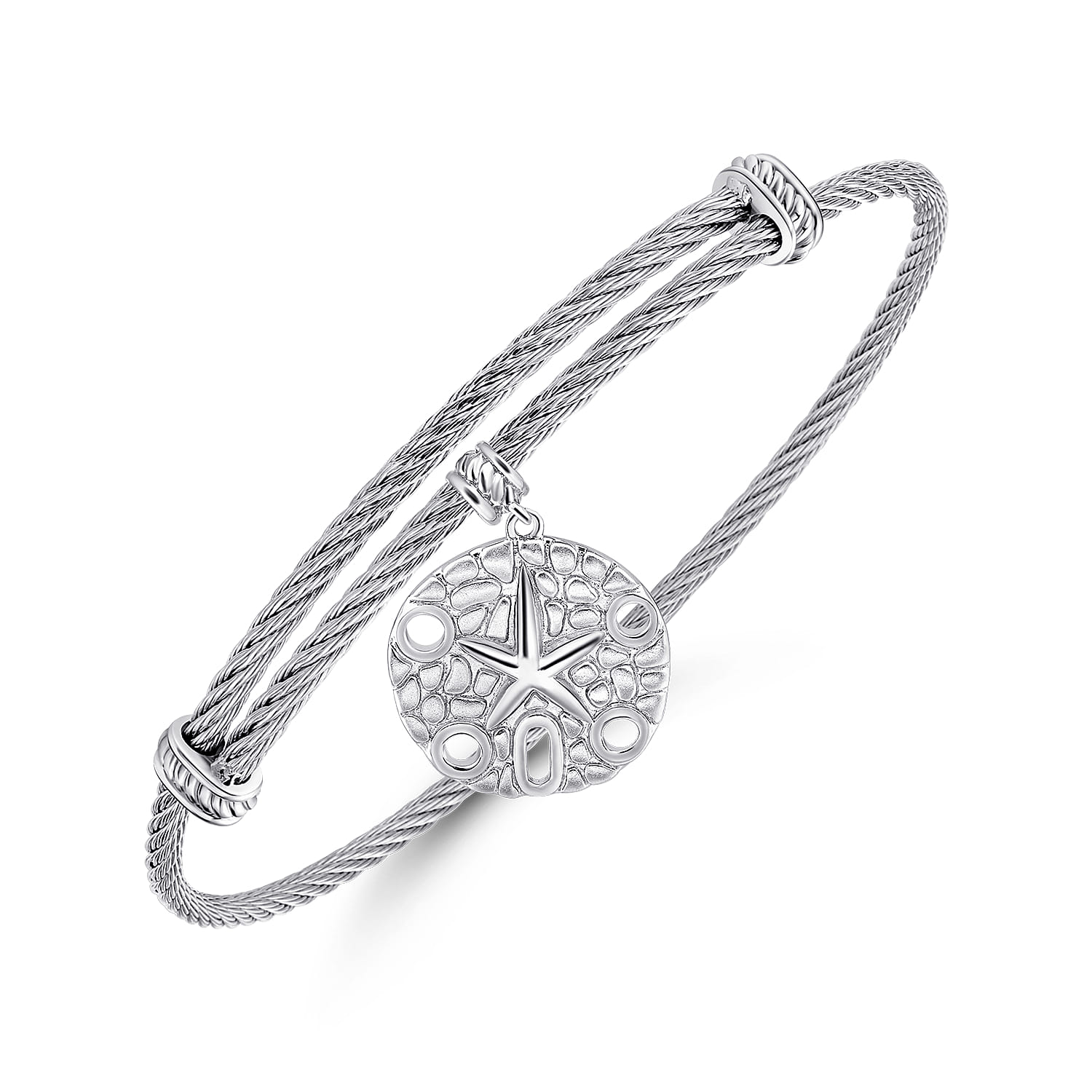Adjustable Twisted Cable Stainless Steel Bangle with Sand Dollar Charm in Sterling Silver, photograph 2
