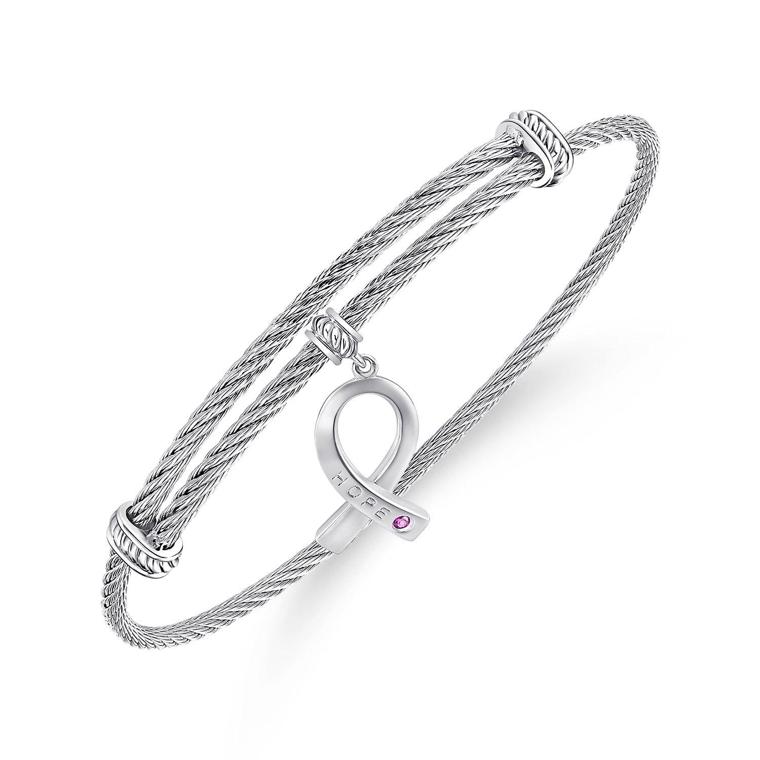 Adjustable Twisted Cable Stainless Steel Bangle with Amethyst Breast Cancer Charm in Sterling Silver, photograph 2