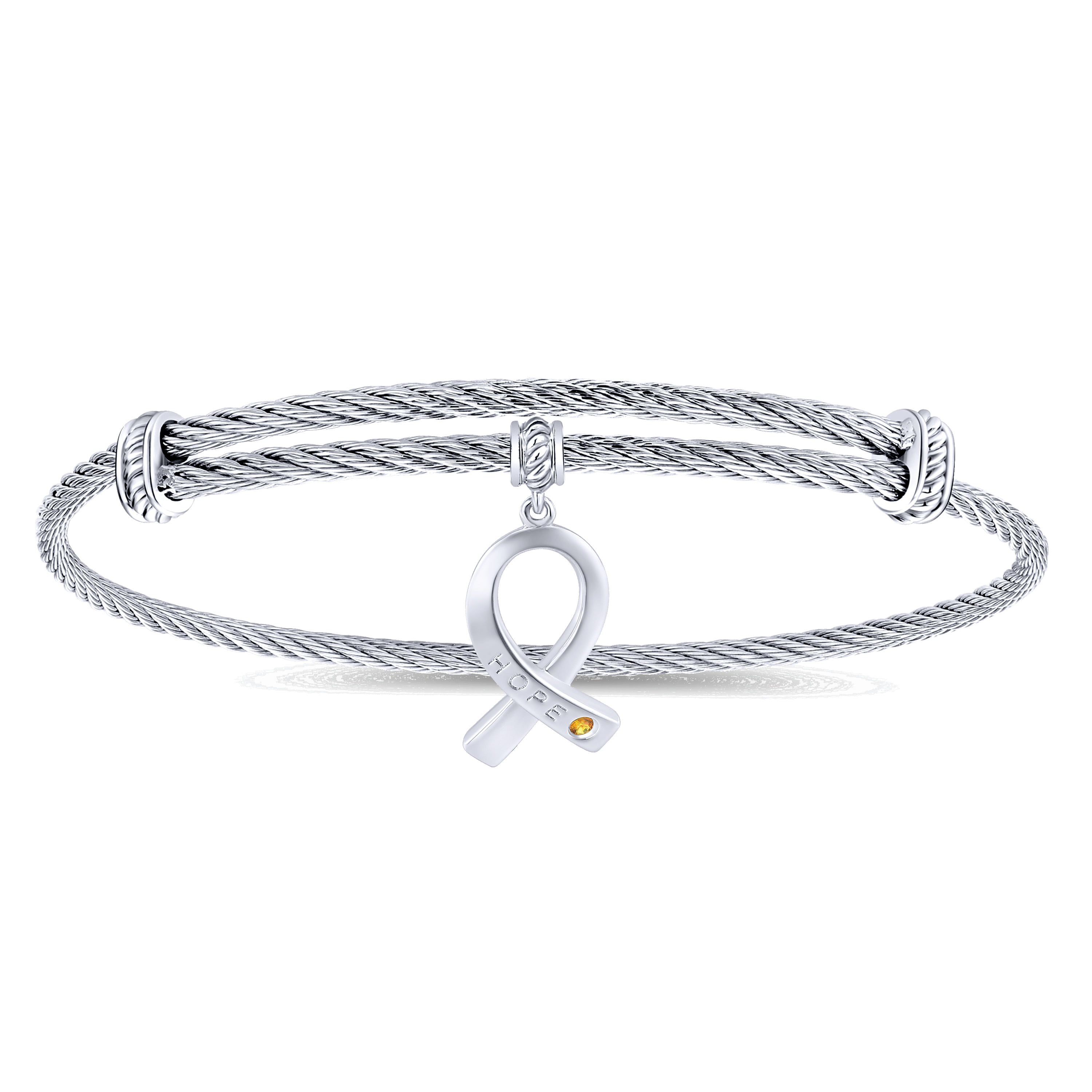 Adjustable Twisted Cable Stainless Steel Bangle with Citrine Breast Cancer Charm