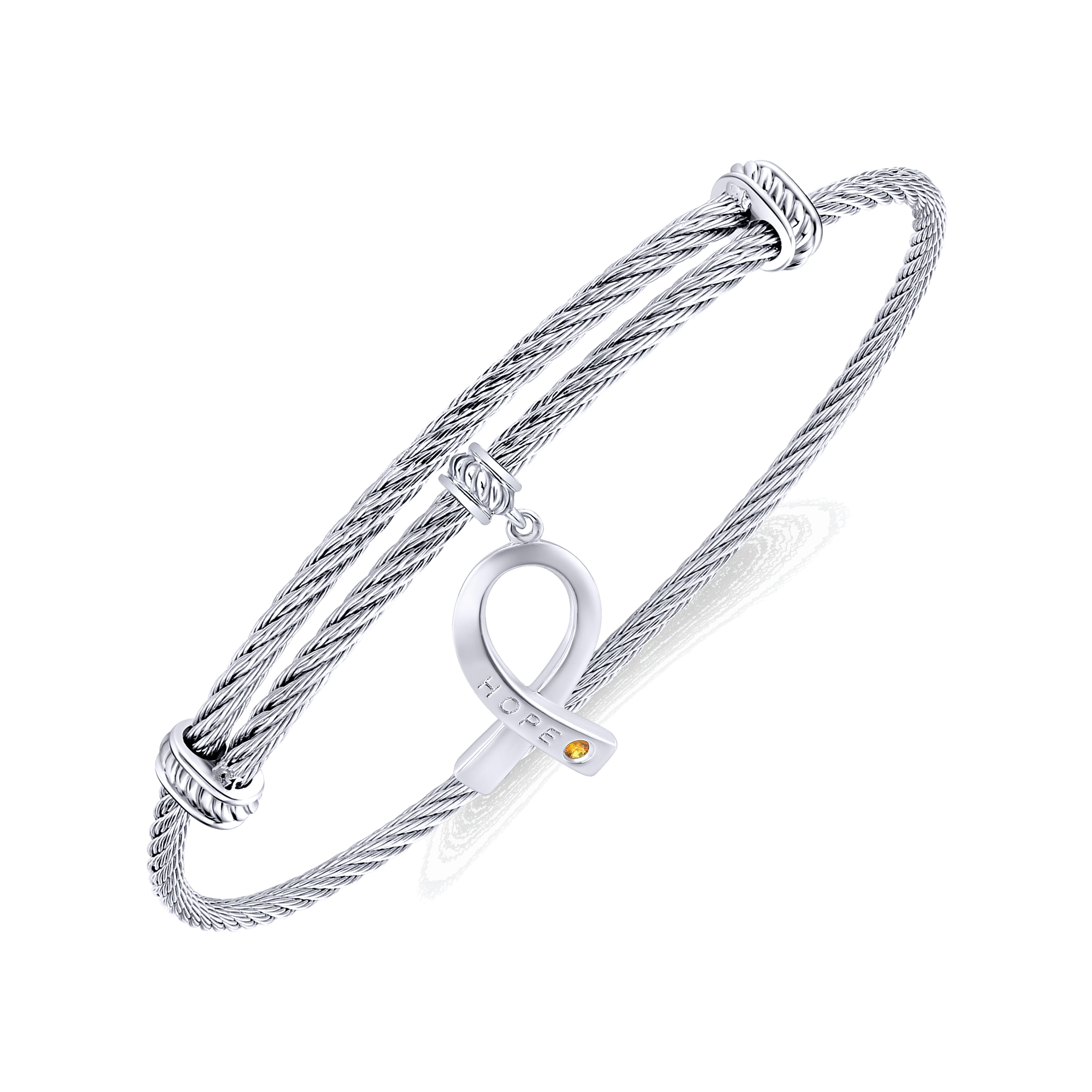 Adjustable Twisted Cable Stainless Steel Bangle with Citrine Breast Cancer Charm in Sterling Silver, photograph 2