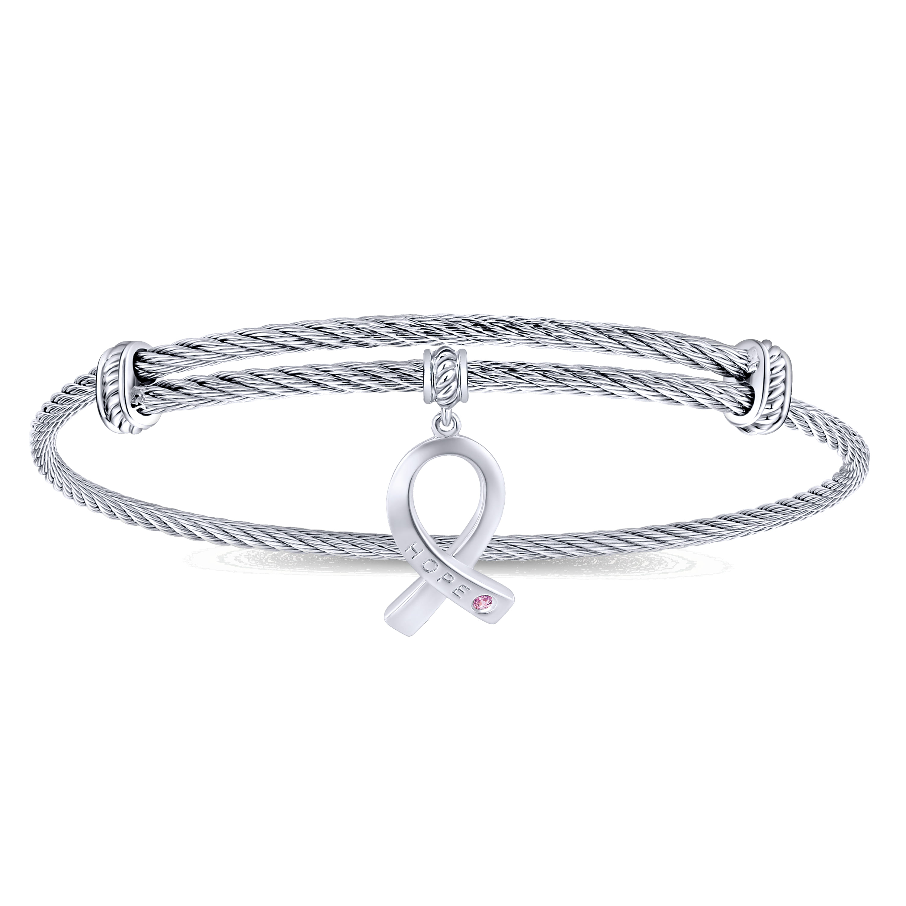 Adjustable Twisted Cable Stainless Steel Bangle with Pink Zircon Breast Cancer Charm