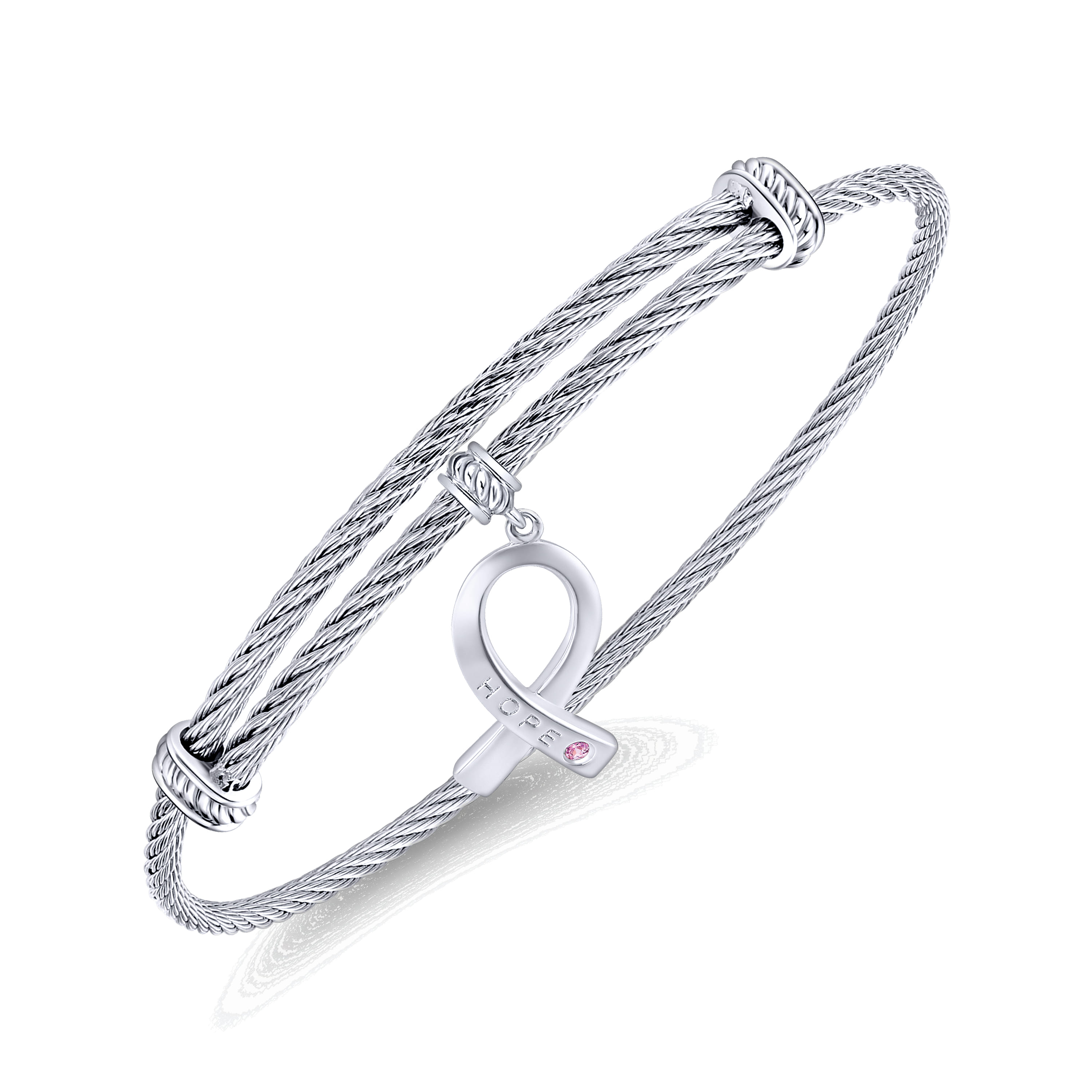 Adjustable Twisted Cable Stainless Steel Bangle with Pink Zircon Breast Cancer Charm in Sterling Silver, photograph 2