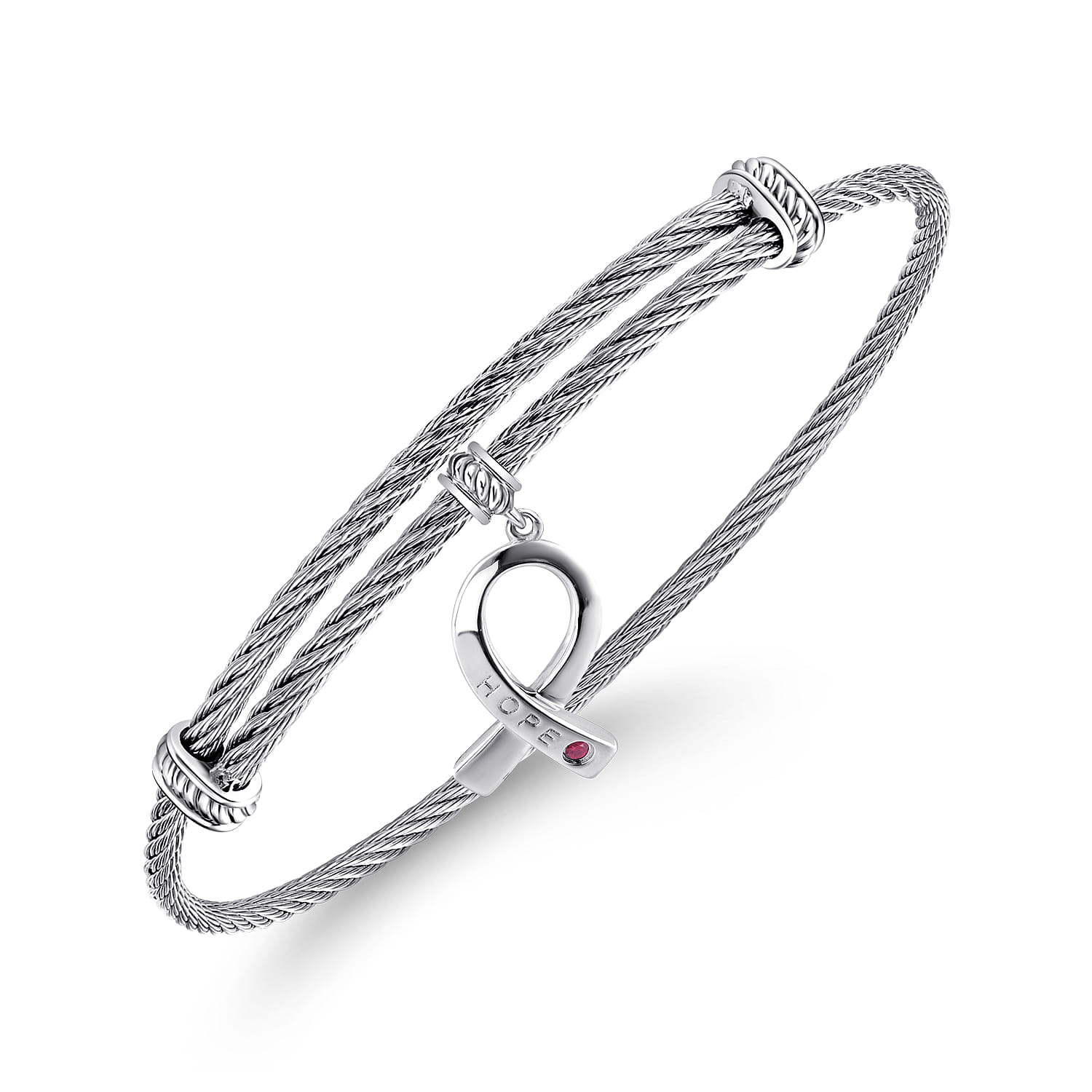 Adjustable Twisted Cable Stainless Steel Bangle with Ruby Breast Cancer Charm in Sterling Silver, photograph 2