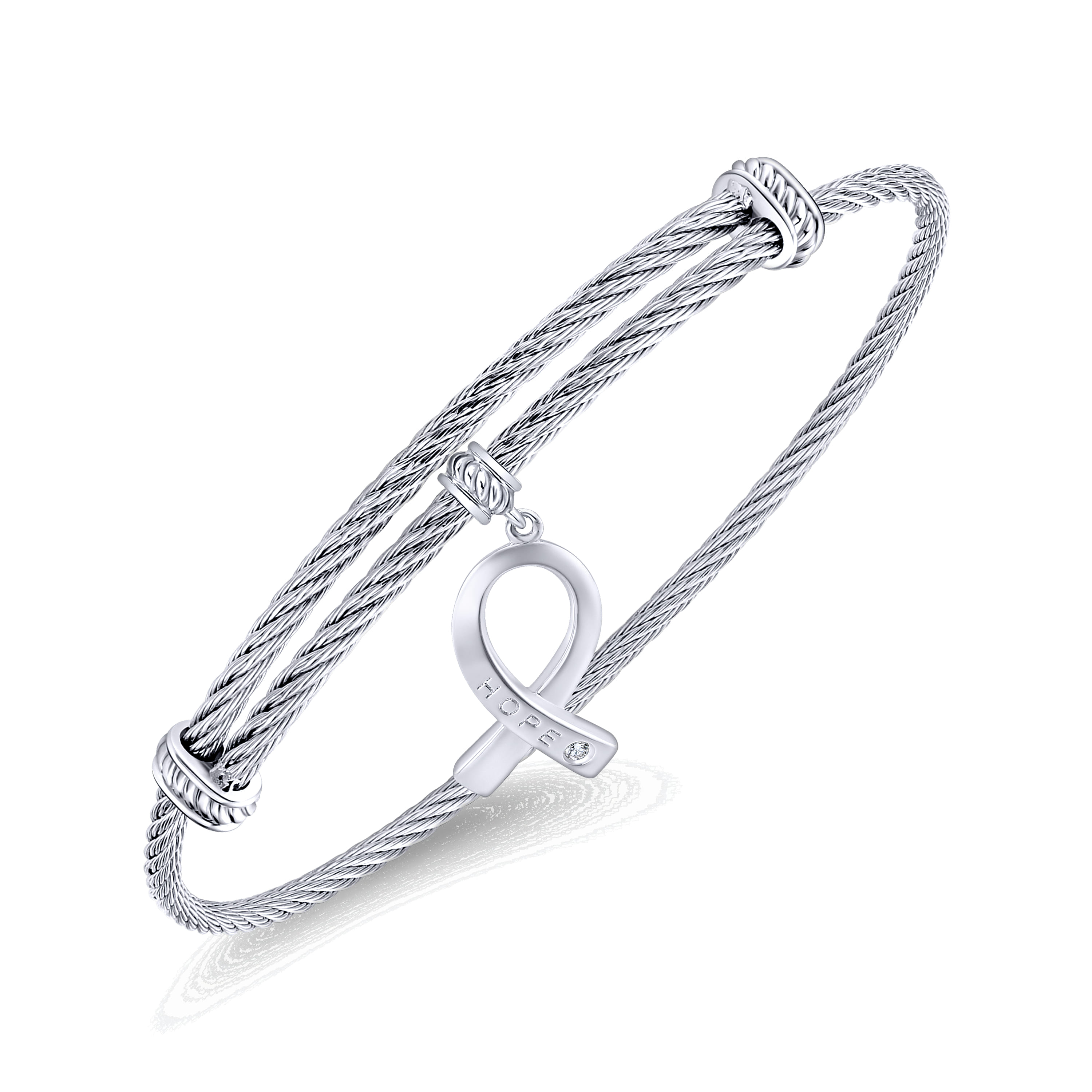 Stainless Steel Twisted Cable Bangle with Silver and White Sapphire HOPE Breast Cancer Awareness Charm in Sterling Silver, photograph 2