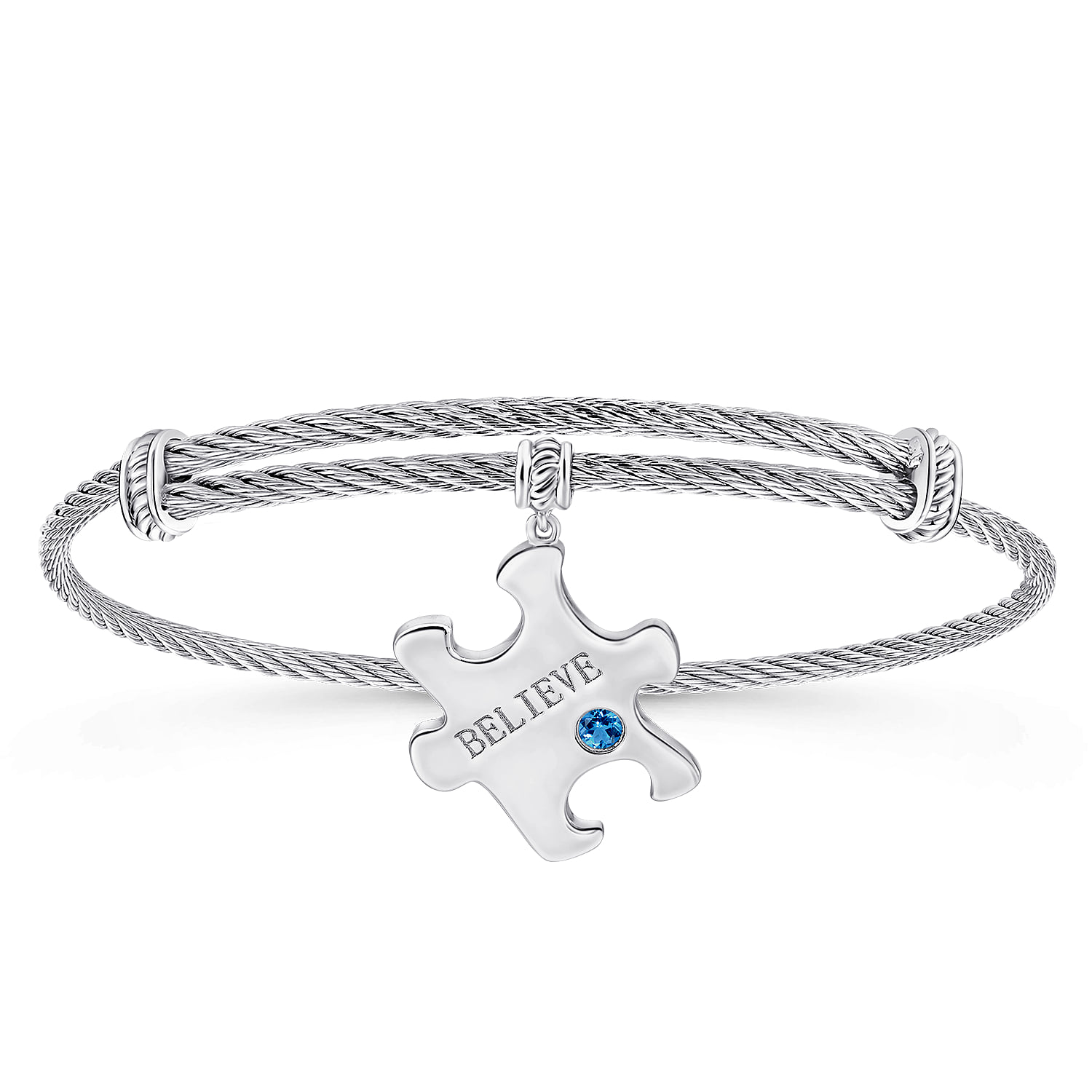 Adjustable Twisted Cable Stainless Steel Bangle with Blue Topaz Puzzle Piece Charm