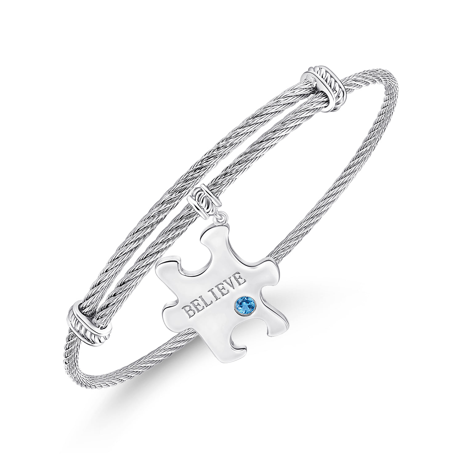 Adjustable Twisted Cable Stainless Steel Bangle with Blue Topaz Puzzle Piece Charm in Sterling Silver, photograph 2