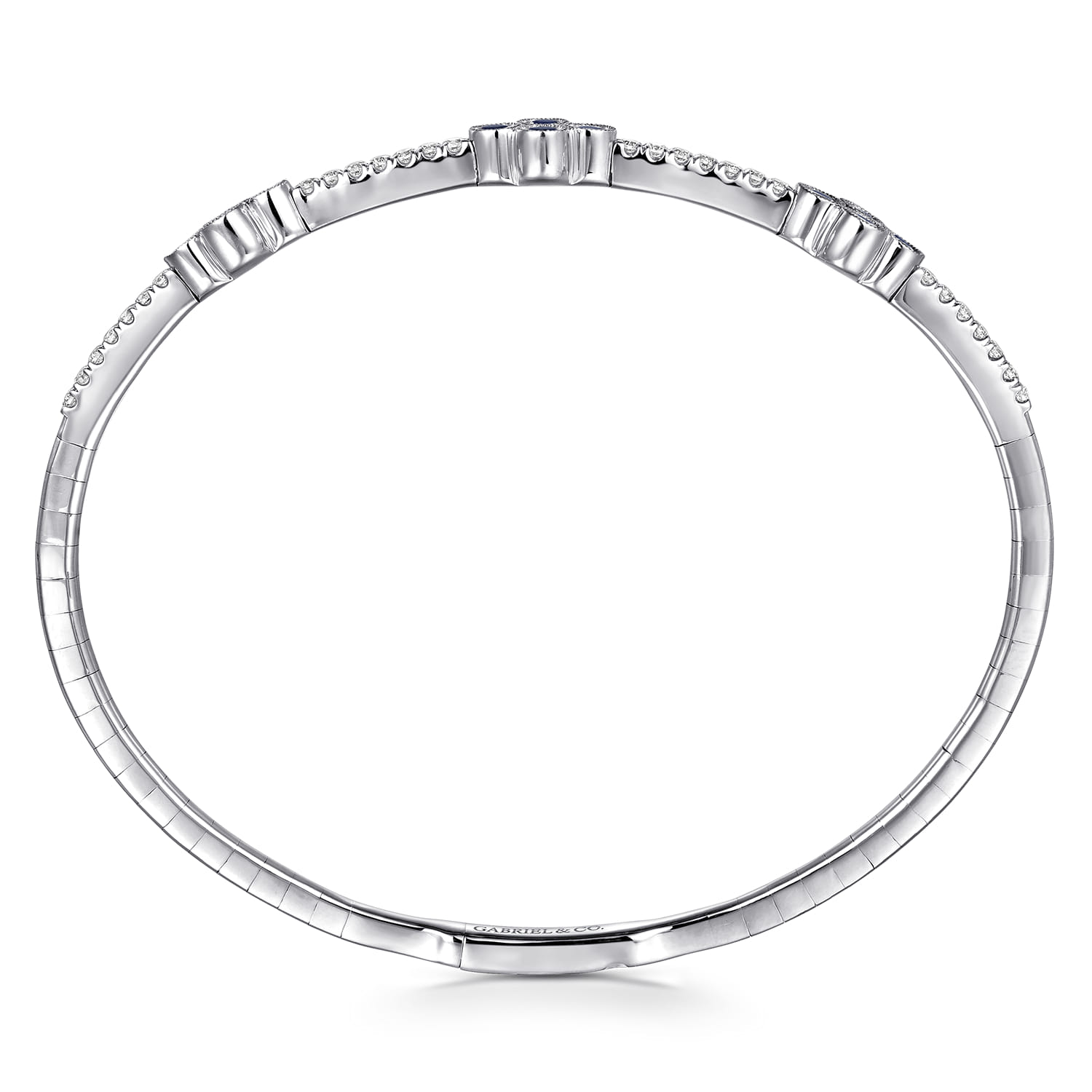 Bangle with Diamond and Sapphire Quatrefoil Stations in 14K White Gold, photograph 3