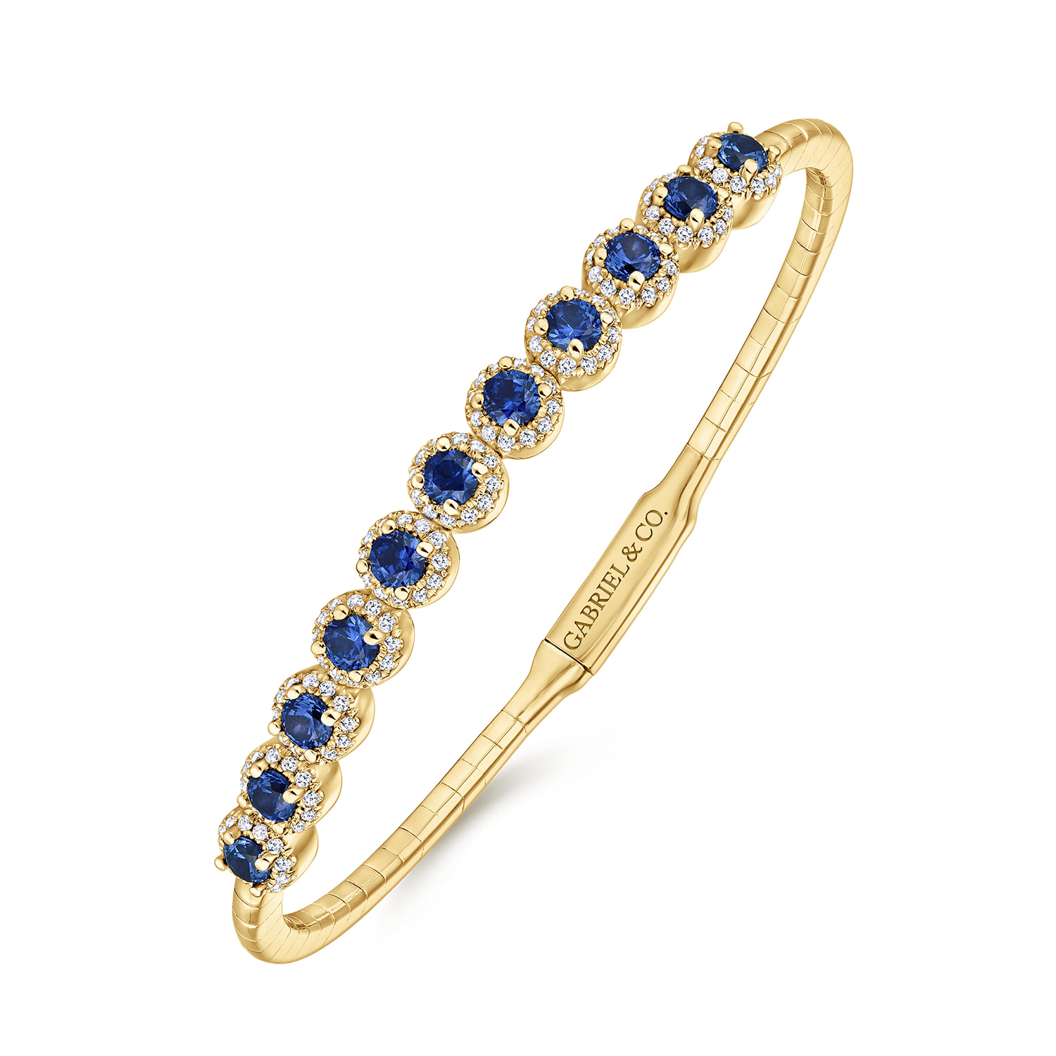 Round Sapphire and Diamond Halo Bangle Bracelet in 14K Yellow Gold, photograph 2