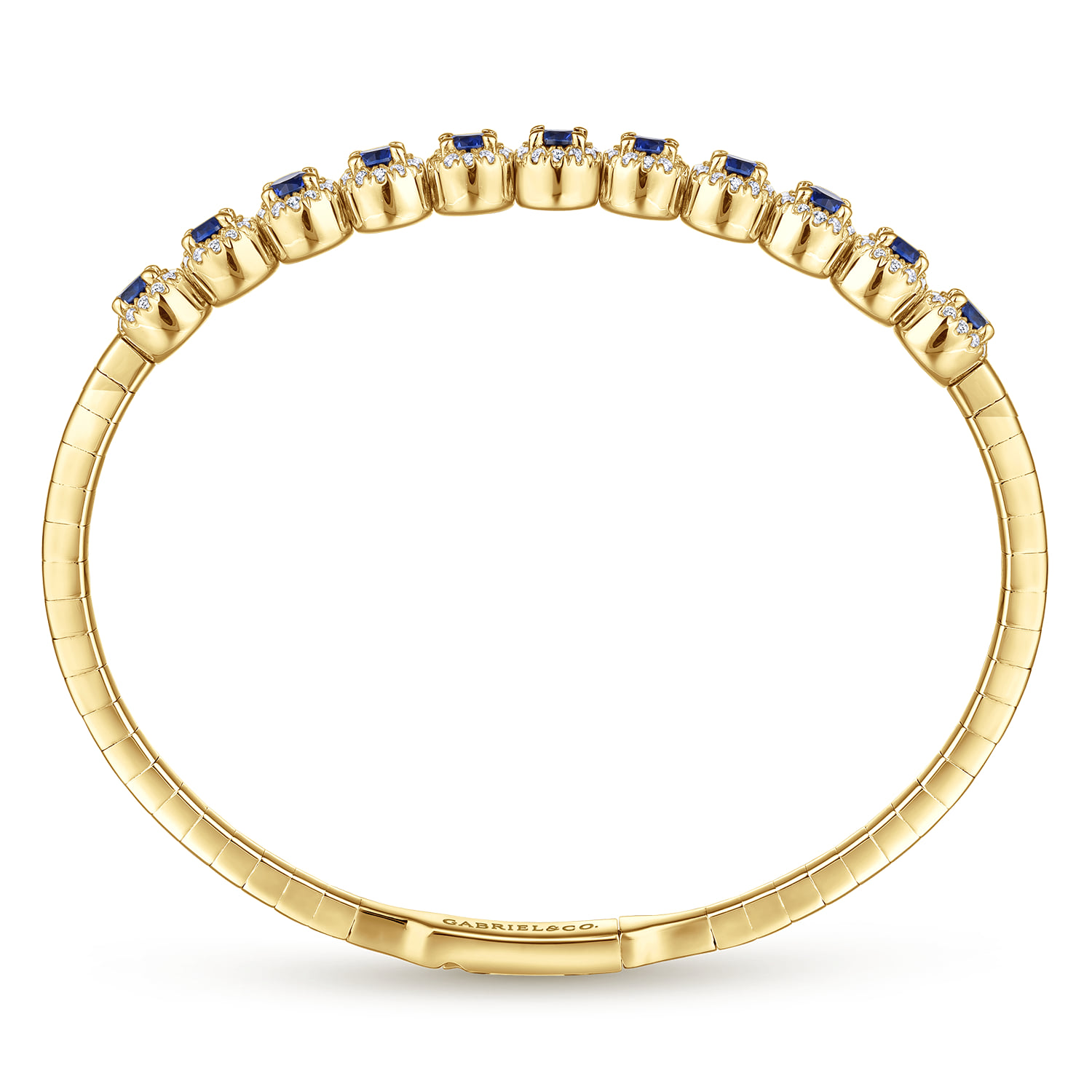 Round Sapphire and Diamond Halo Bangle Bracelet in 14K Yellow Gold, photograph 3