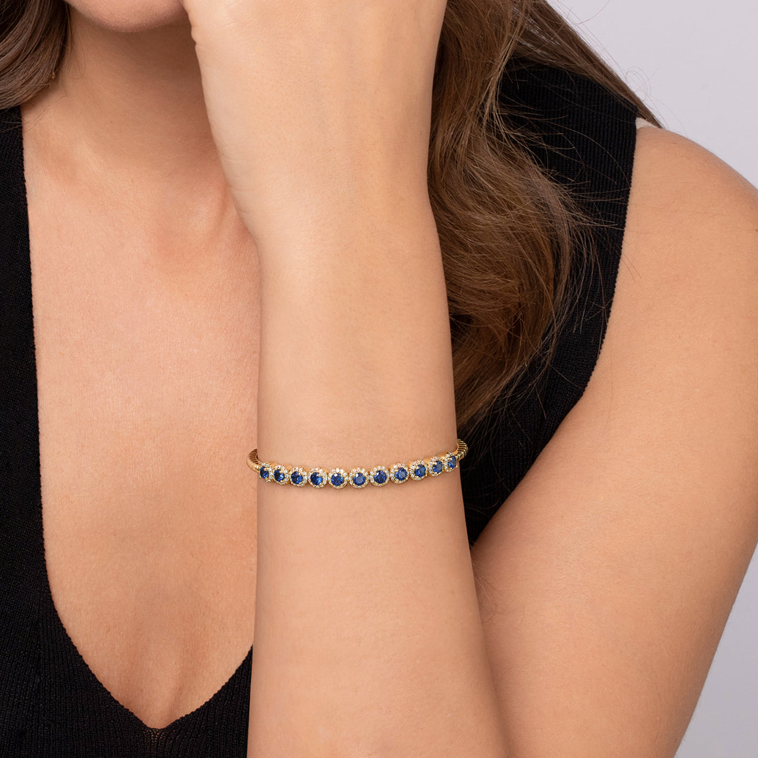 Round Sapphire and Diamond Halo Bangle Bracelet in 14K Yellow Gold, photograph 4
