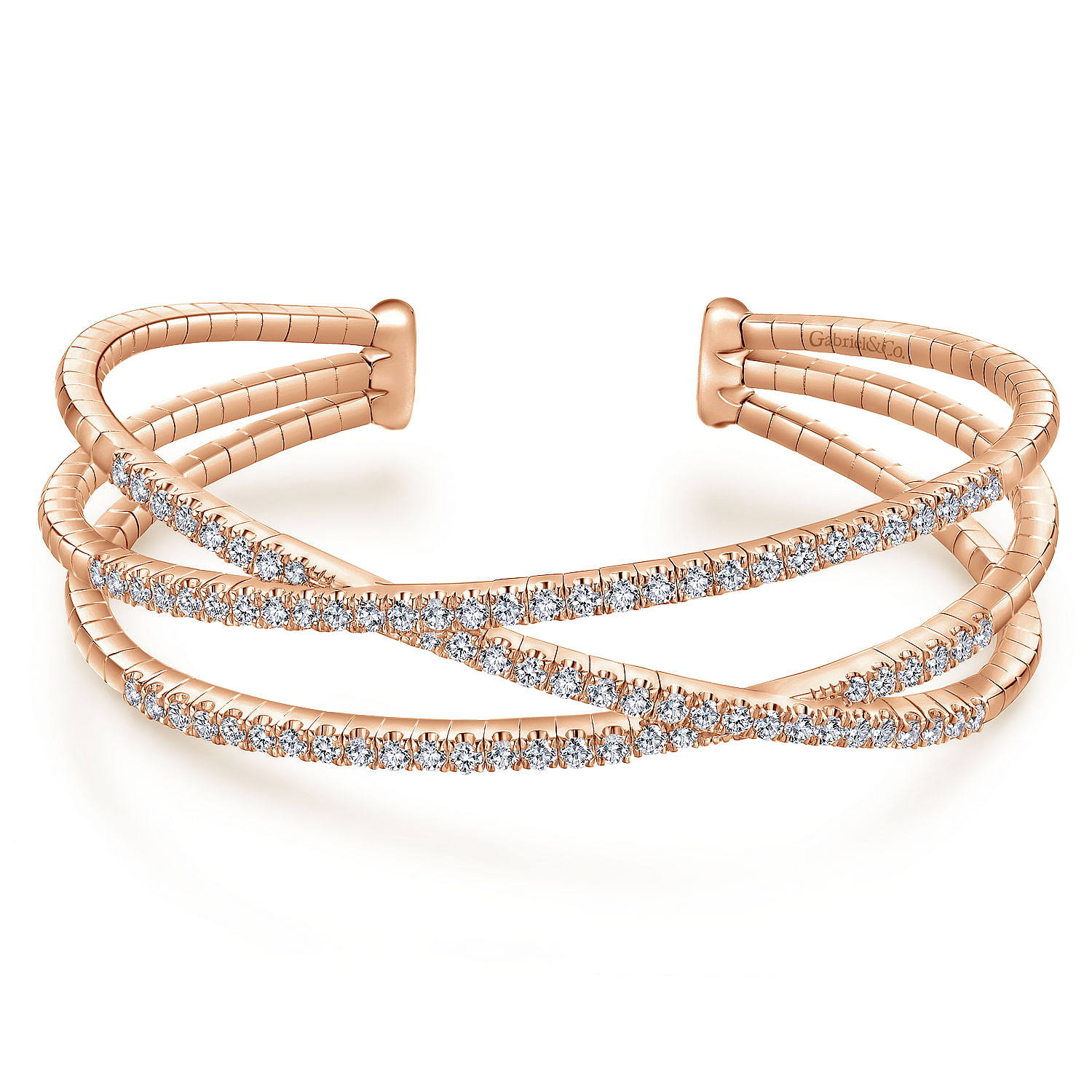 14K Rose Gold Criss Crossing Diamond Cuff @ $8500. Shop