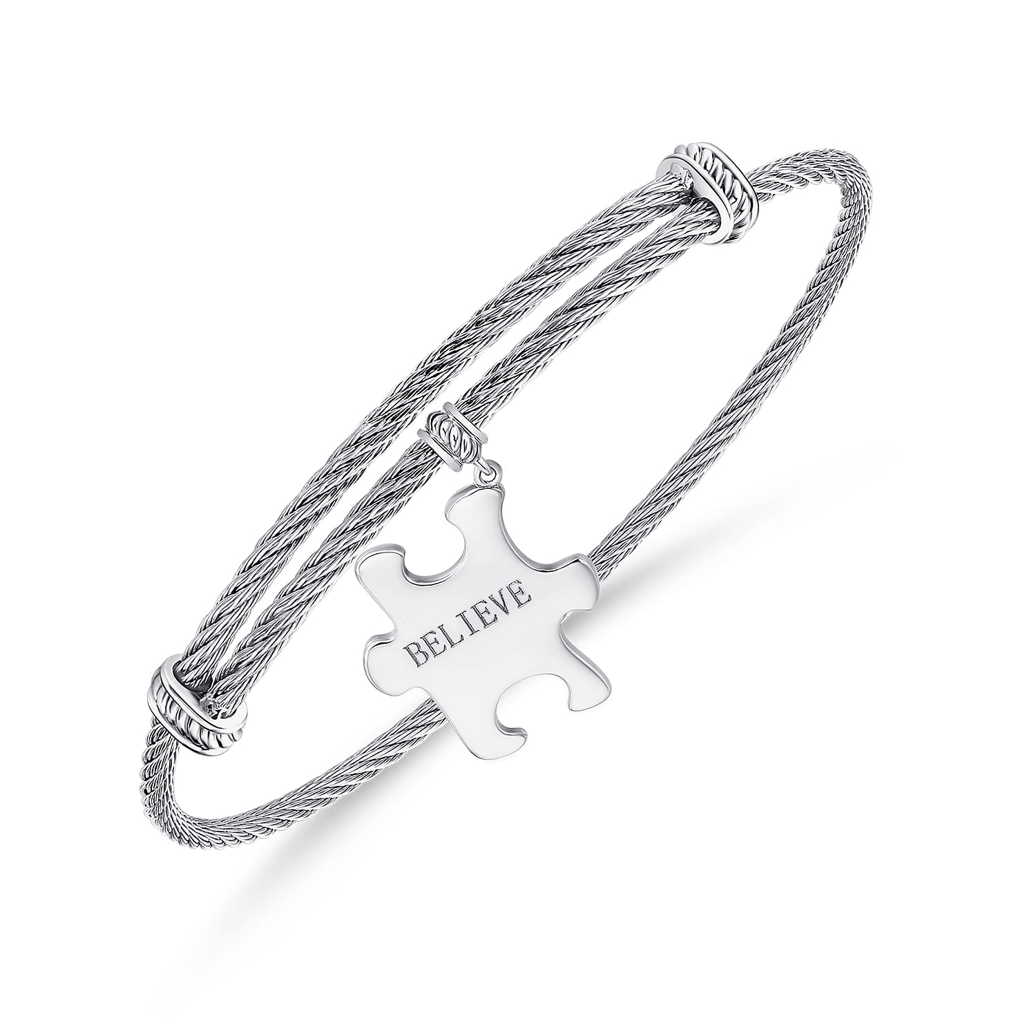 Twisted Cable Stainless Steel Bangle with Believe Puzzle Piece Charm in Sterling Silver, photograph 2