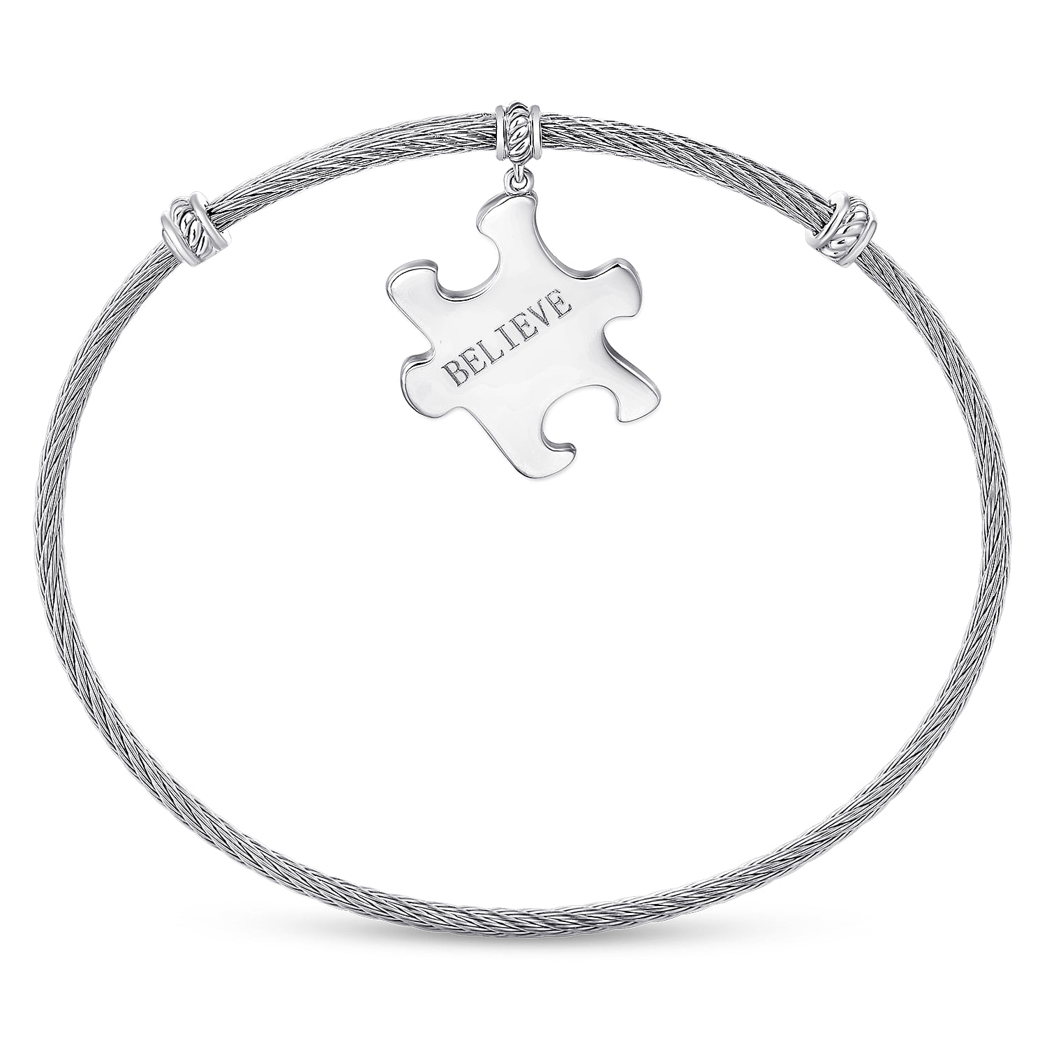 Twisted Cable Stainless Steel Bangle with Believe Puzzle Piece Charm in Sterling Silver, photograph 3