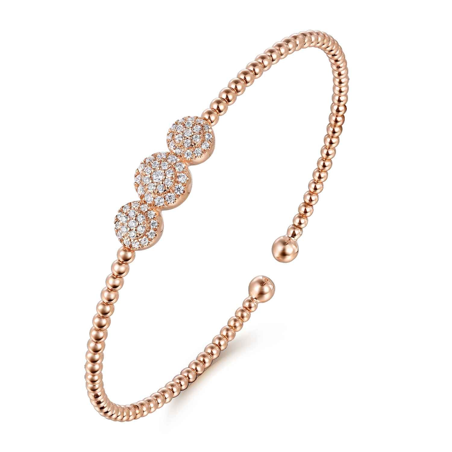 Bujukan Bead Cuff Bracelet with Three Pave Diamond Stations in 14K Rose Gold, photograph 2