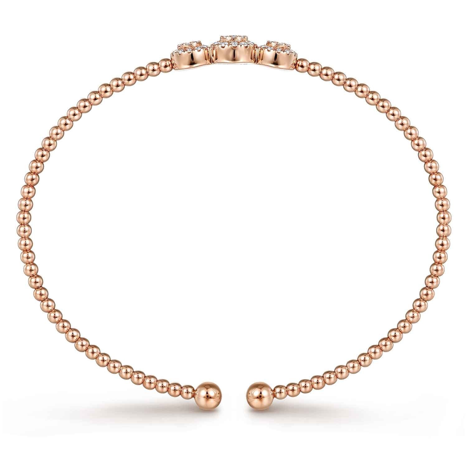 Bujukan Bead Cuff Bracelet with Three Pave Diamond Stations in 14K Rose Gold, photograph 3