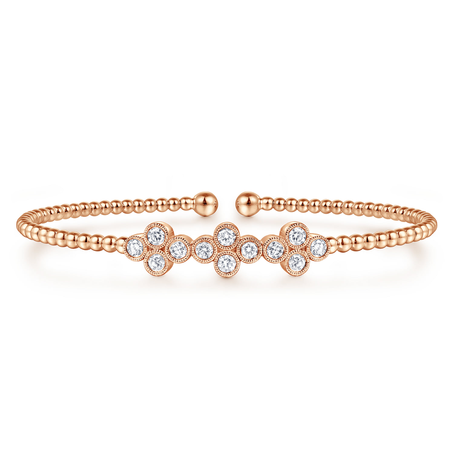 Bujukan Bead Cuff Bracelet with Three Quatrefoil Diamond Stations in 14K Rose Gold