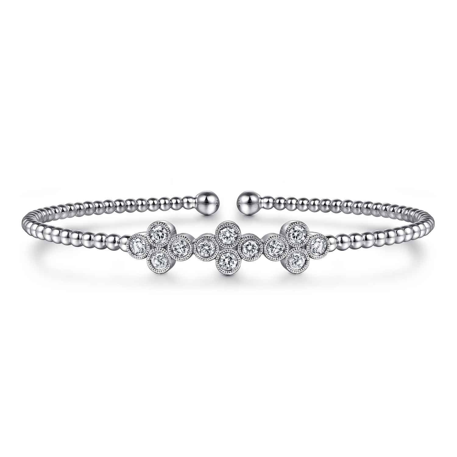 Bujukan Bead Cuff Bracelet with Three Quatrefoil Diamond Stations