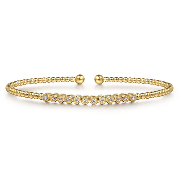 14K Yellow Gold Bujukan Bead Cuff Bracelet with Bezel Set Diamond Stations