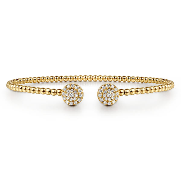 14K Yellow Gold Bujukan Bead Split Cuff Bracelet with Round Pave Diamond Discs