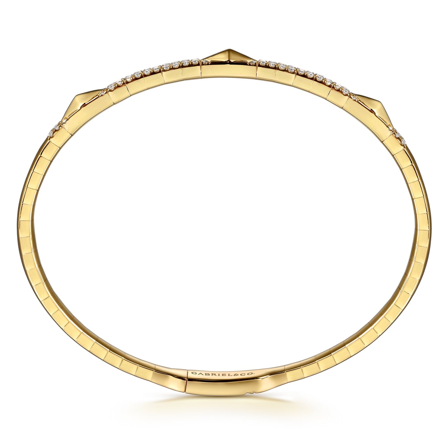 Diamond Bangle Bracelet with Pyramid Rhombus Stations in 14K Yellow Gold, photograph 3